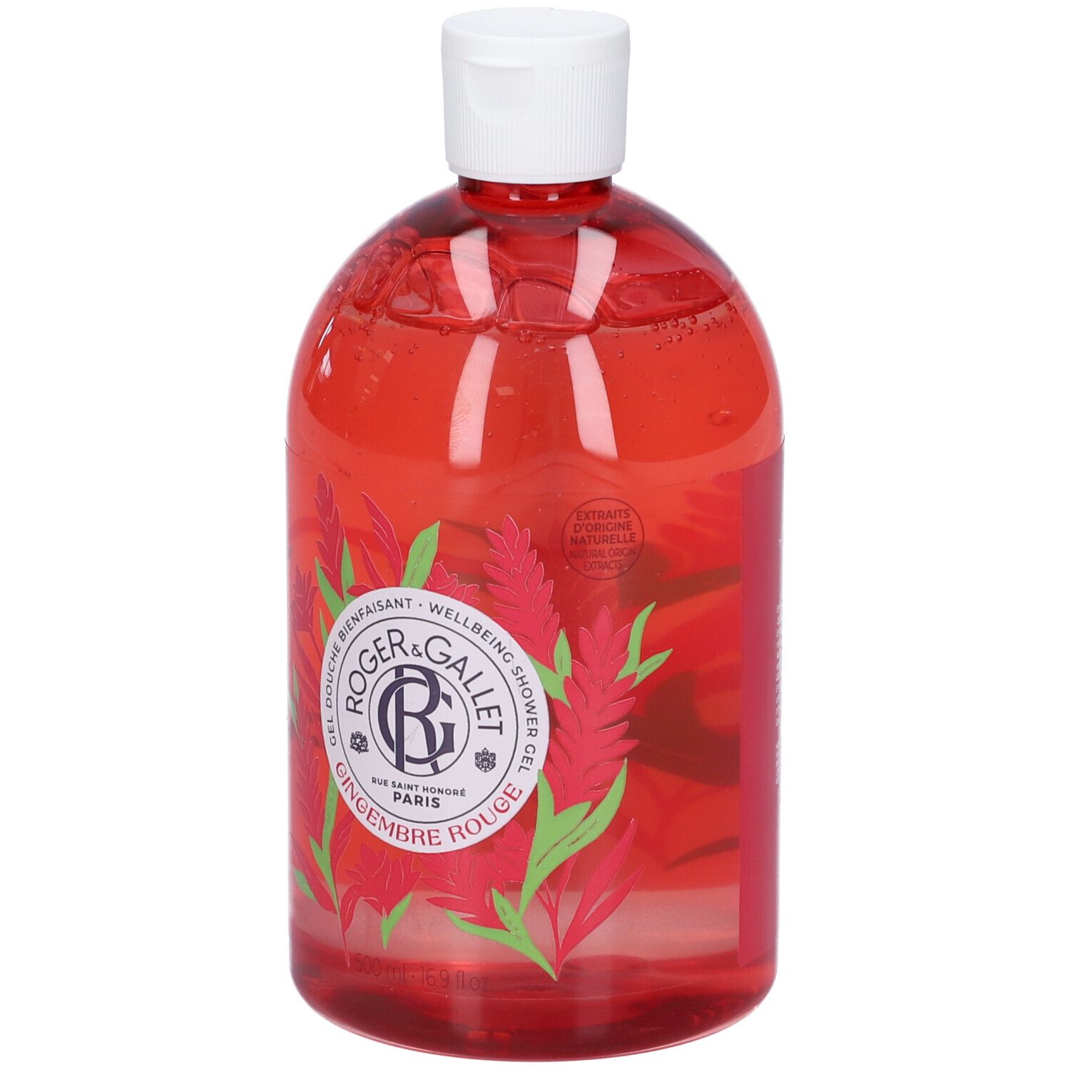 Flacone ovale rosso con tappo bianco. Scritta: Roger & Gallet, Gingembre Rouge. Design floreale.