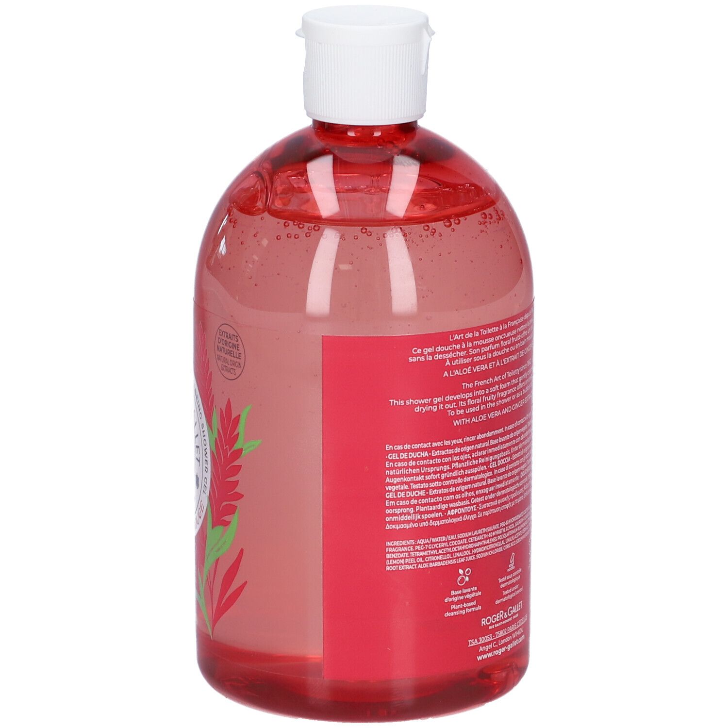 Flacone ovale rosso con tappo bianco. Retro con testo e loghi. Codice a barre.