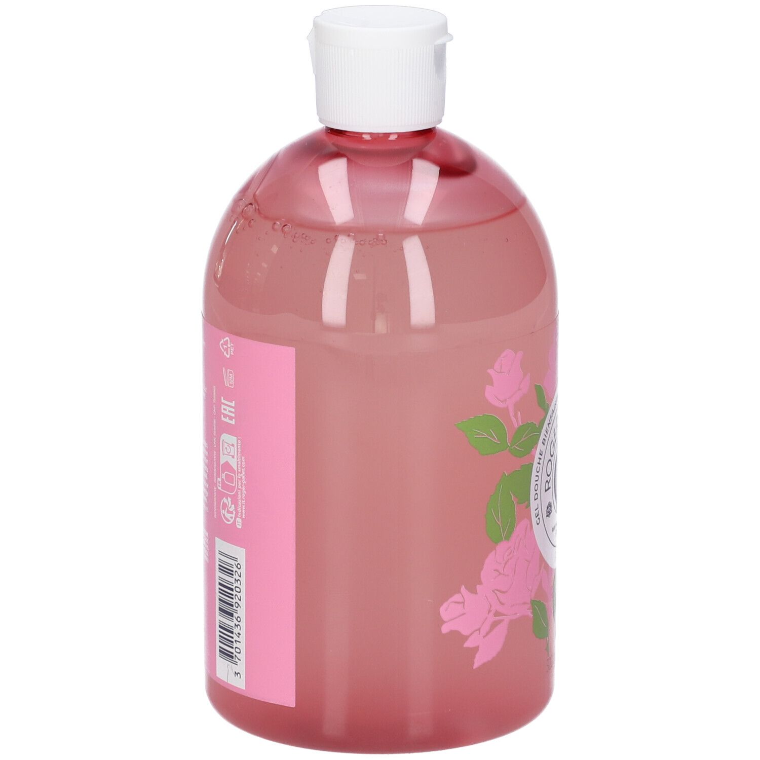 Vista posteriore del flacone di gel doccia rosa con tappo bianco. Etichetta con testo e codice a barre.