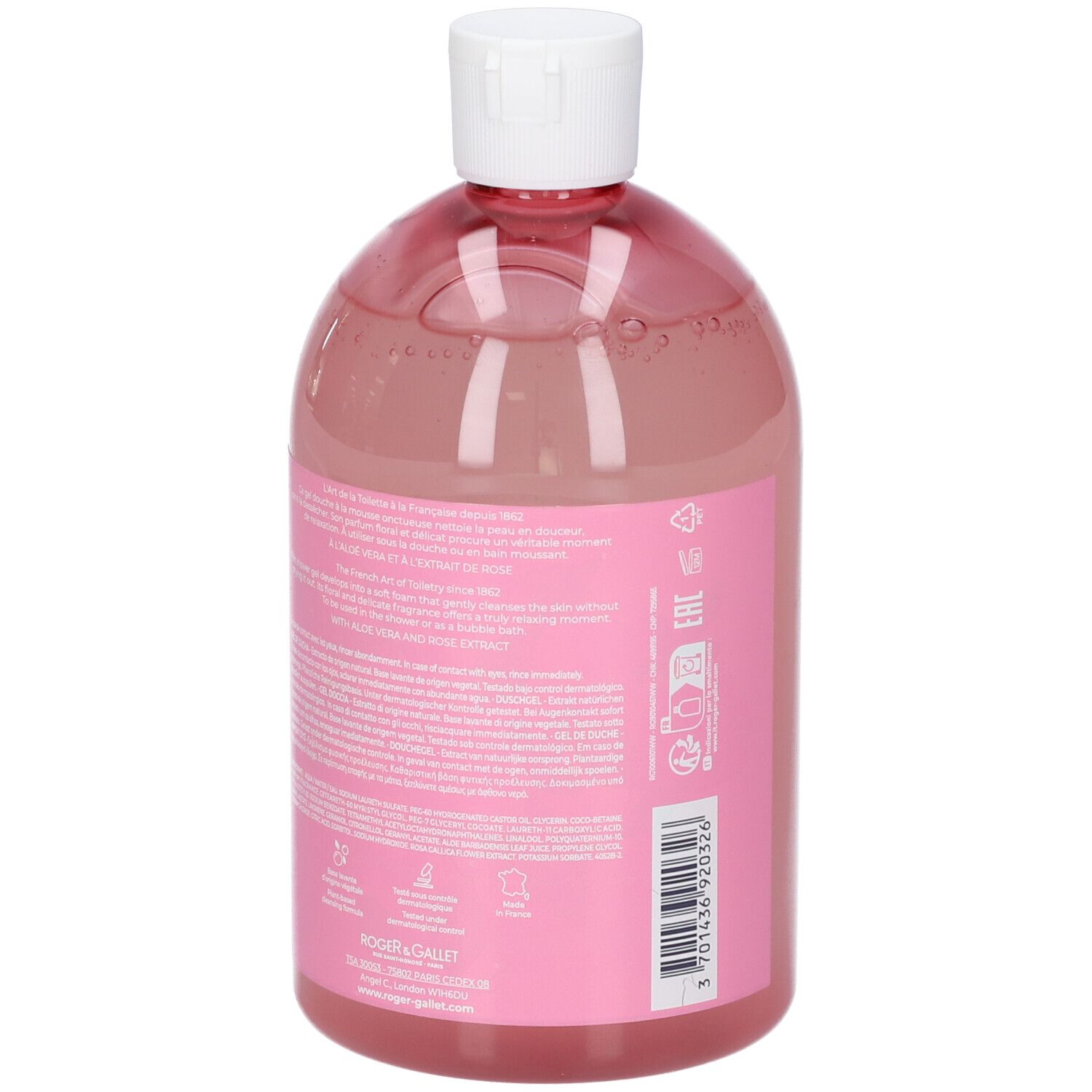 Vista posteriore del flacone di gel doccia rosa con tappo bianco. Etichetta con testo e simboli di riciclaggio.