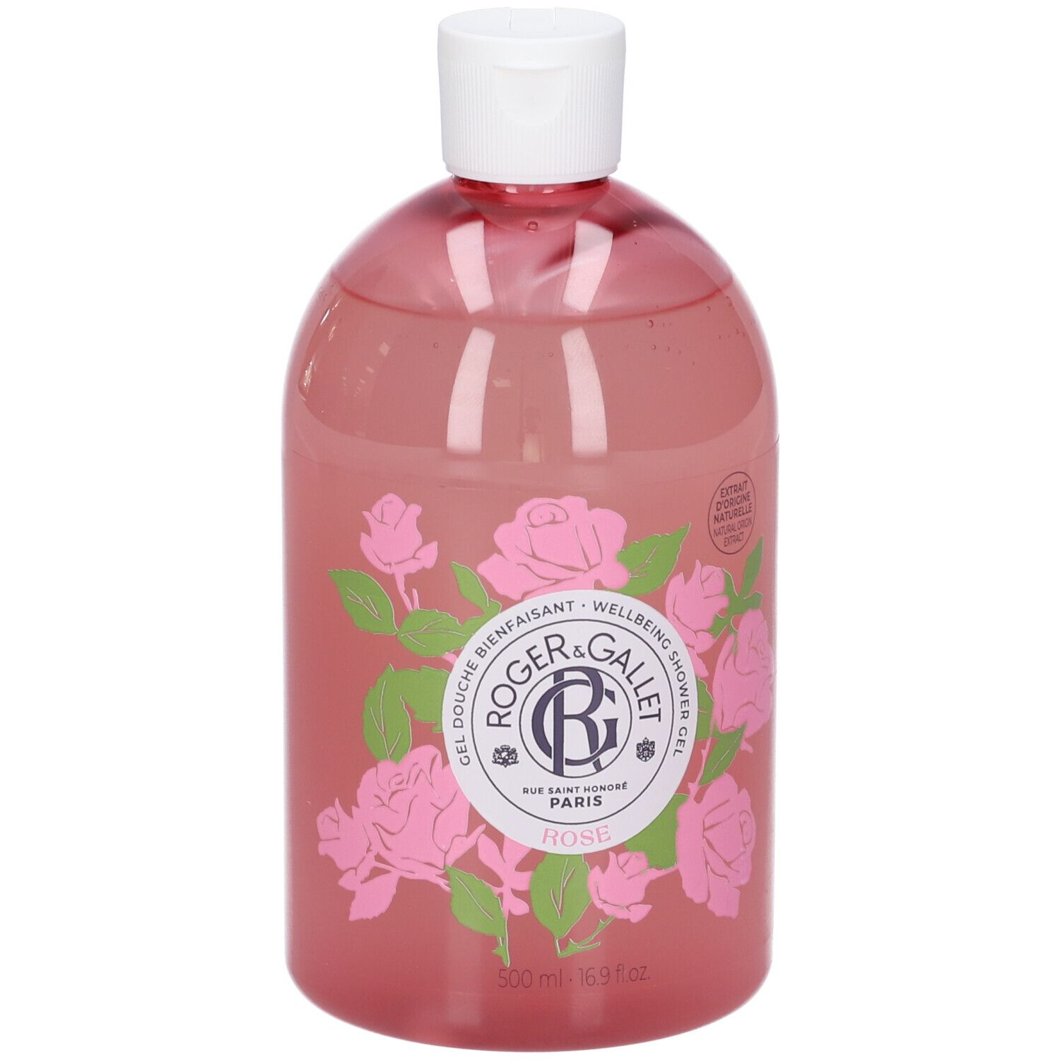 Flacone di gel doccia rosa con tappo bianco. Etichetta con illustrazioni di rose e logo del marchio.