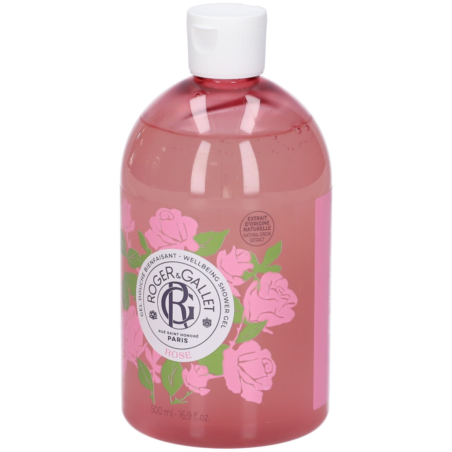 Flacone di gel doccia rosa con tappo bianco. Etichetta con illustrazioni di rose e logo del marchio.