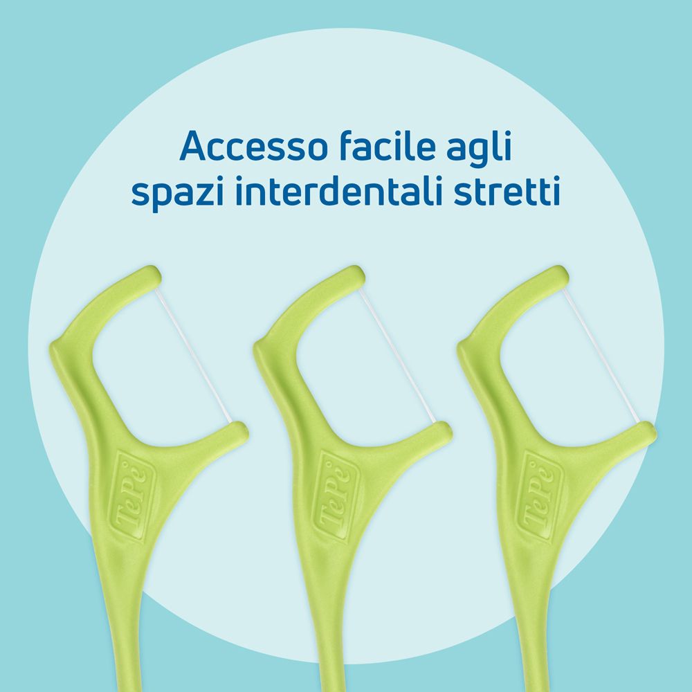 Tre stuzzicadenti verde chiaro con filo, adatti per spazi interdentali stretti.