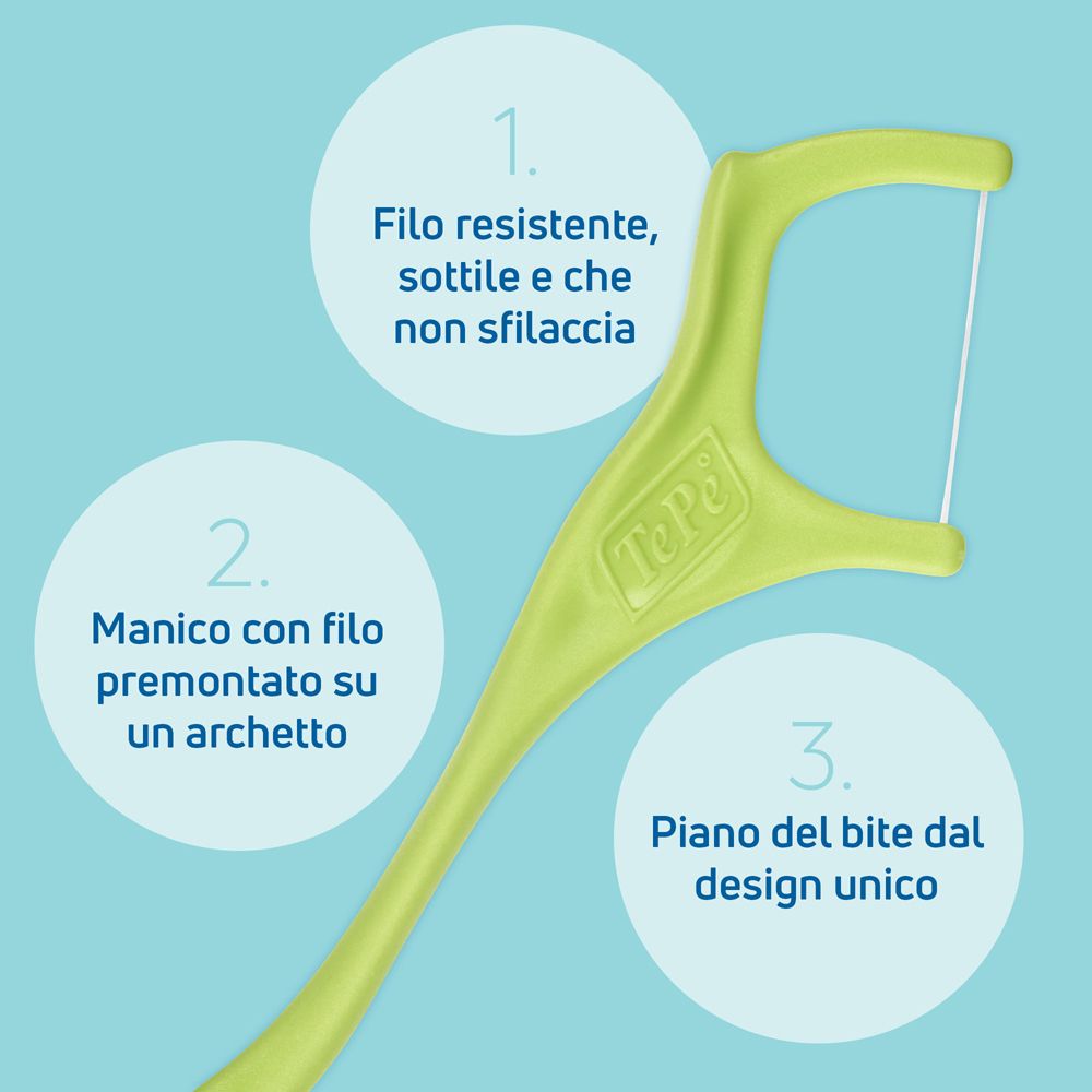 Manico per filo interdentale con filo pre-teso e piano di morso unico.