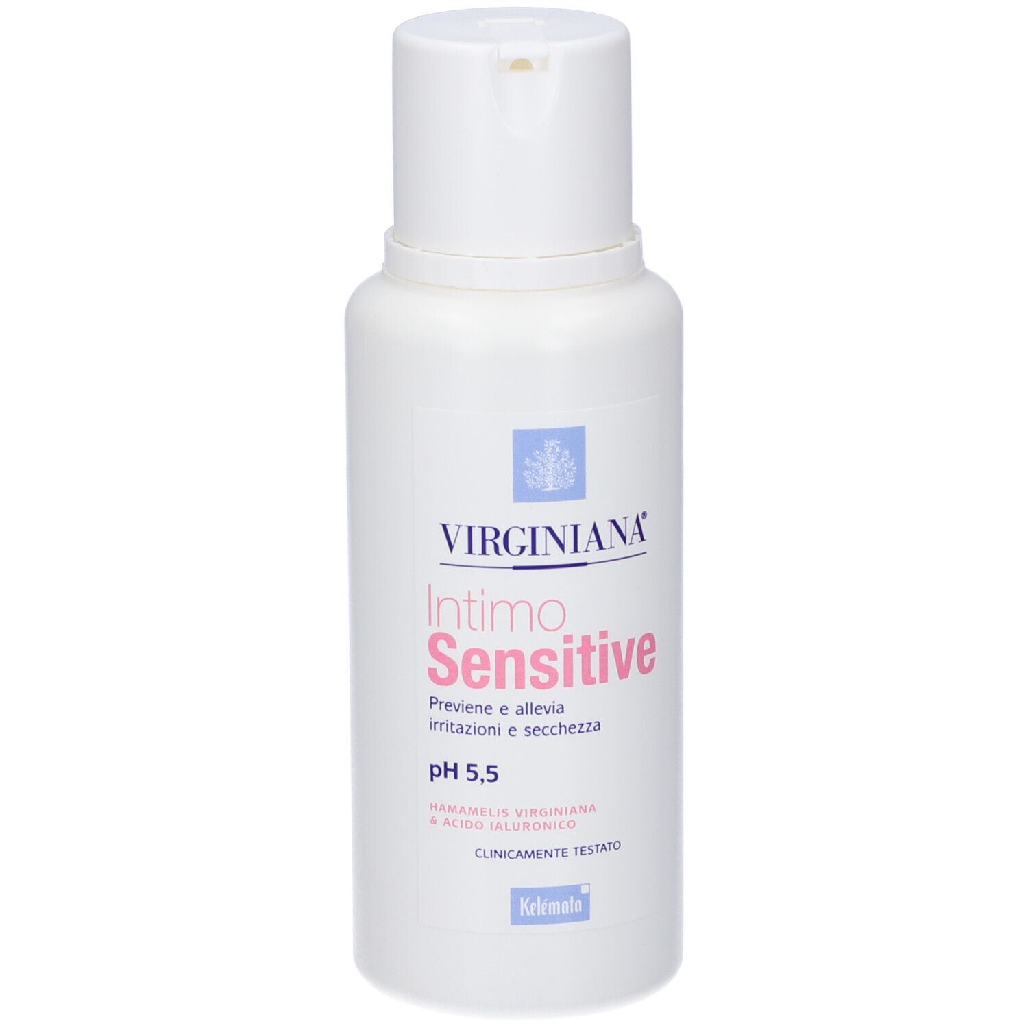 Flacone bianco con nome prodotto Virginiana Intimo Sensitive. Scritta rosa. pH 5,5. Clinicamente testato.