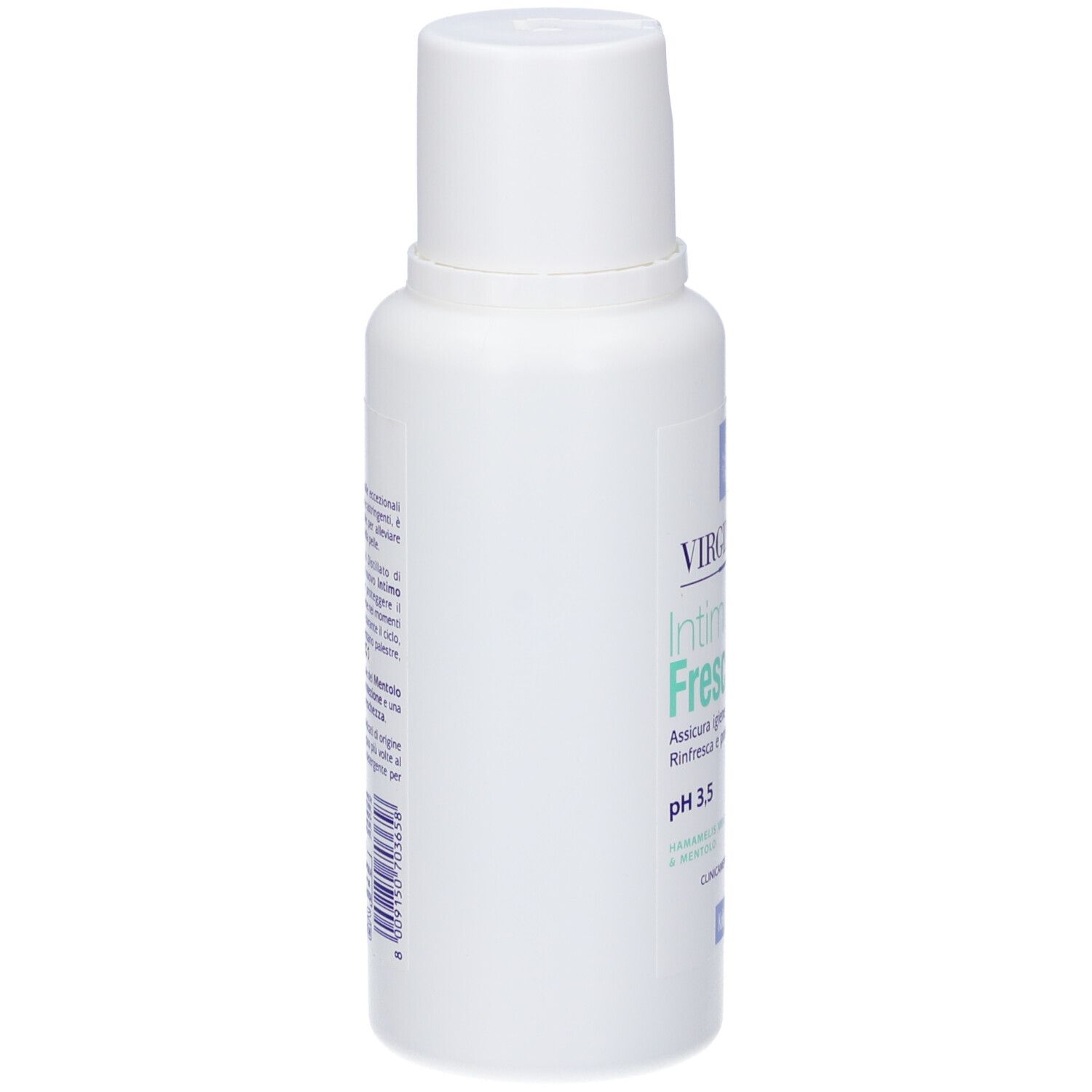 Flacone bianco con dosatore a pompa. Sul lato testo, tra cui ingredienti e informazioni produttore.