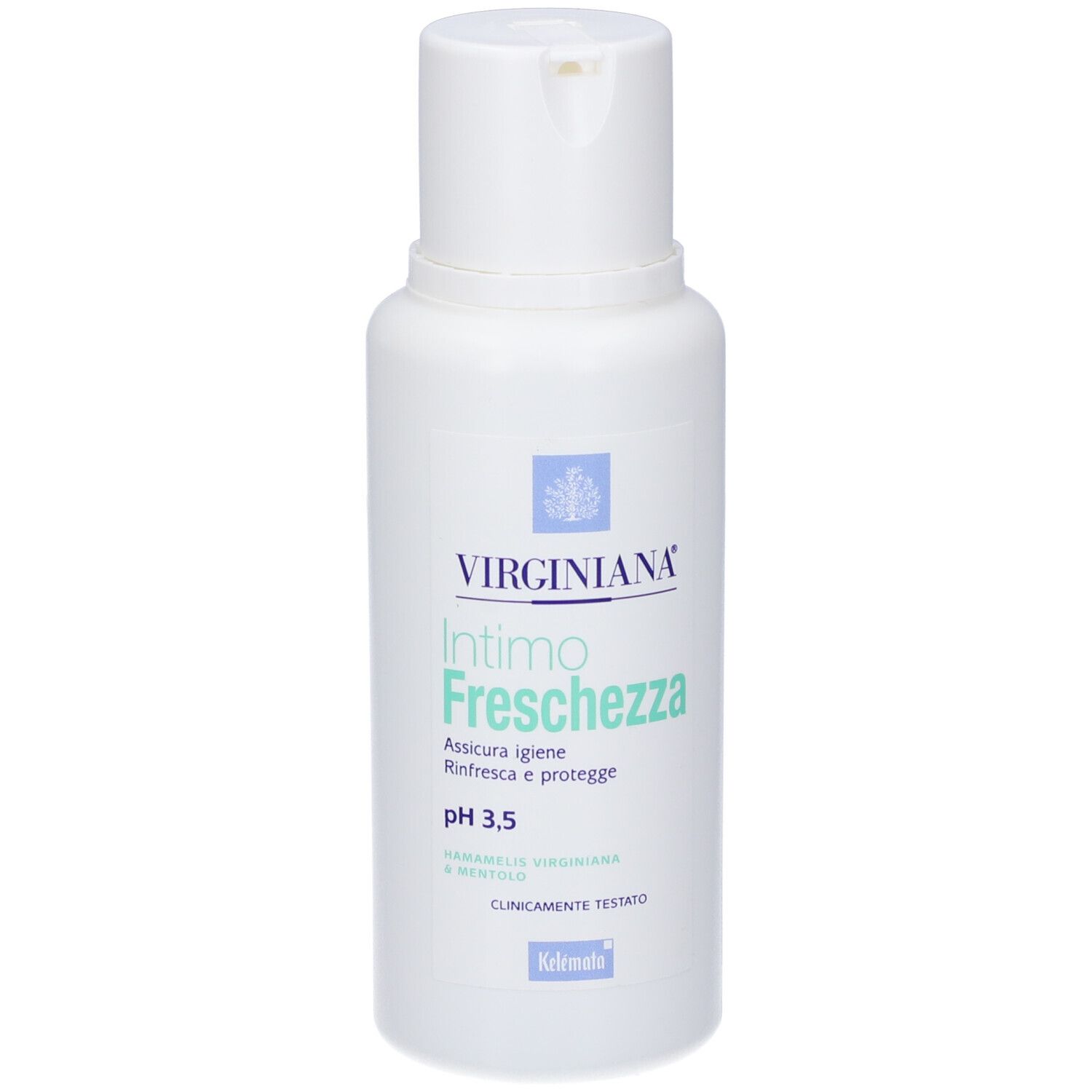 Flacone bianco con dosatore a pompa. Scritta: Virginiana Intimo Freschezza, pH 3,5. Clinicamente testato.