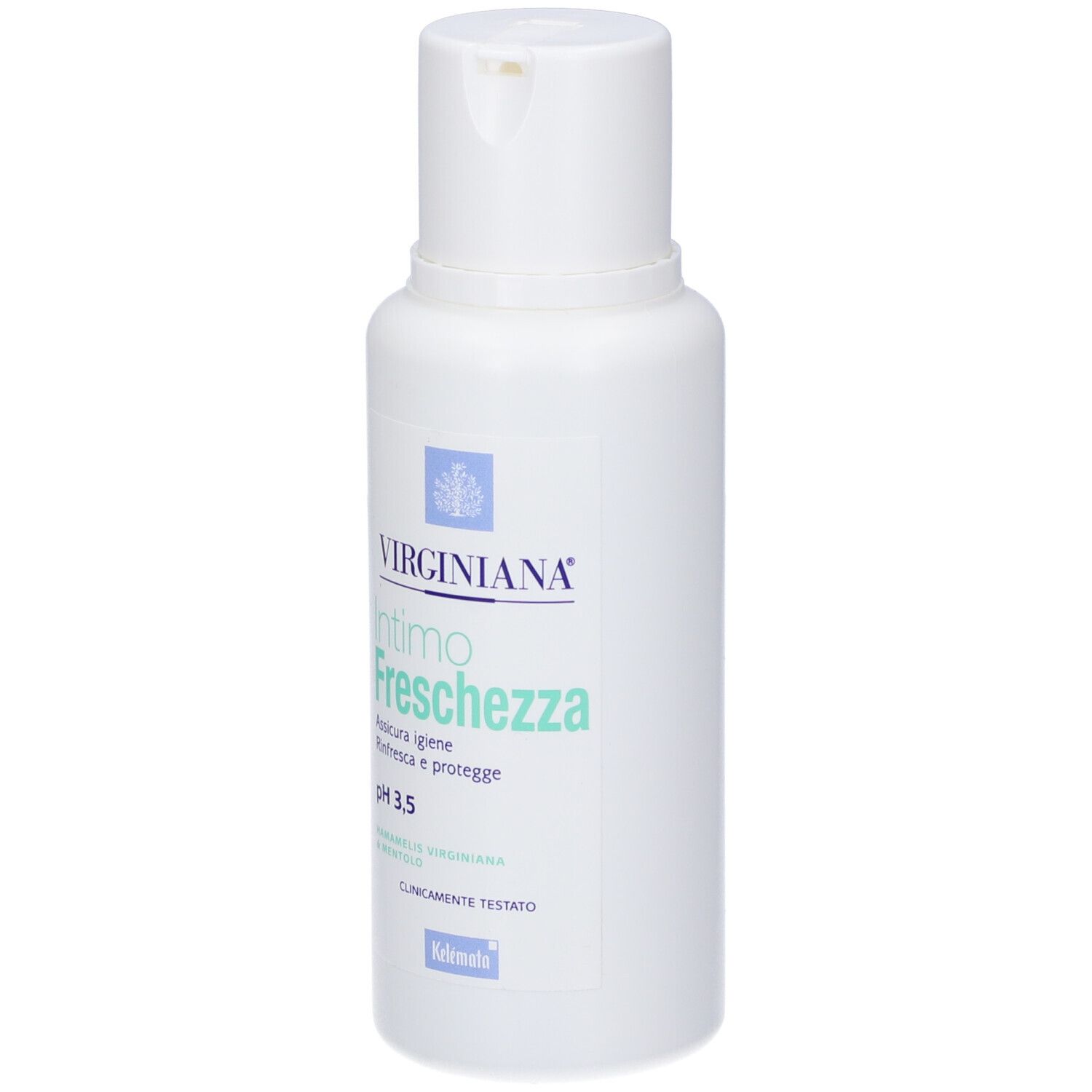 Flacone bianco con dosatore a pompa. Scritta: Virginiana Intimo Freschezza, pH 3,5. Clinicamente testato.