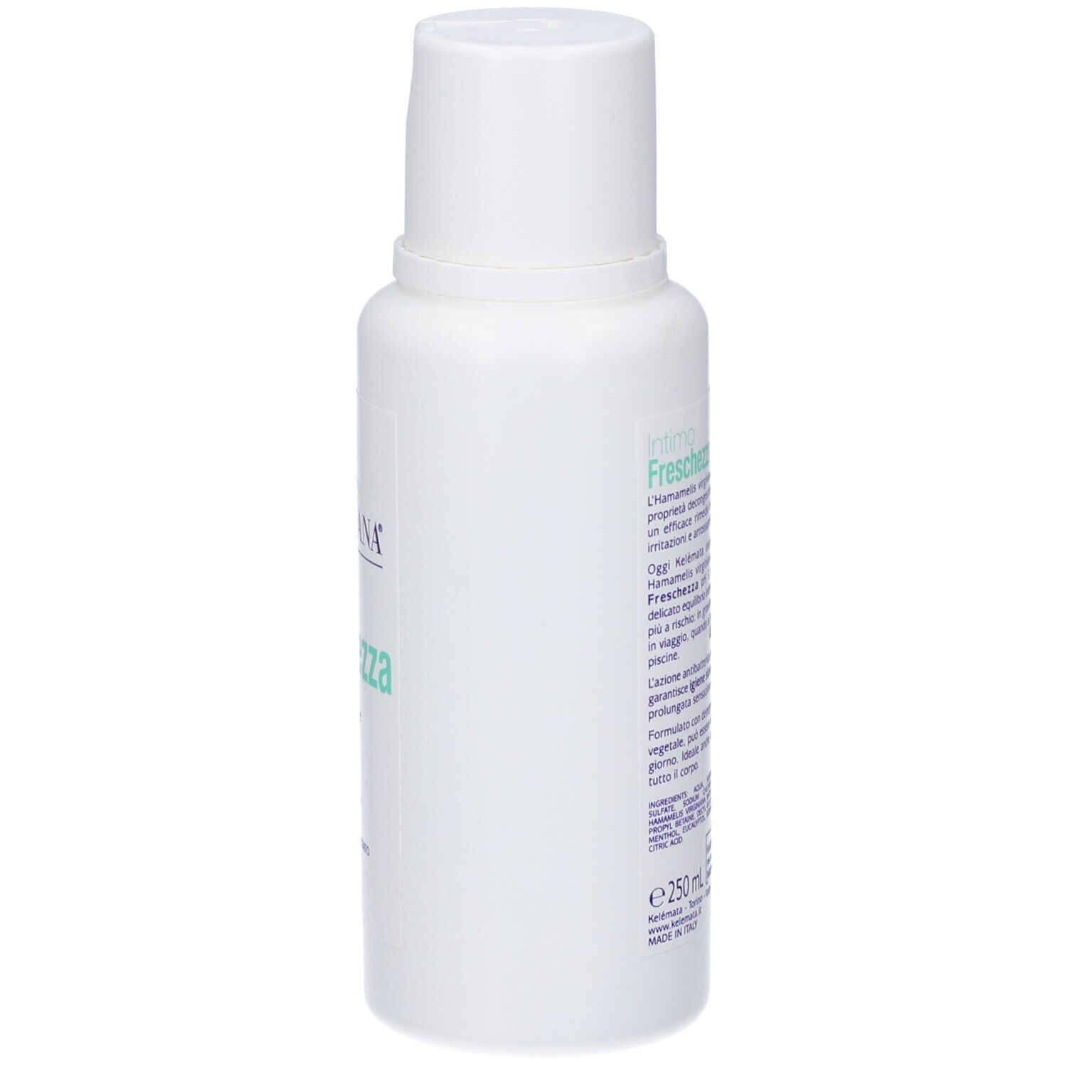 Flacone bianco con dosatore a pompa. Sul lato testo, tra cui ingredienti e informazioni produttore. 250 ml.