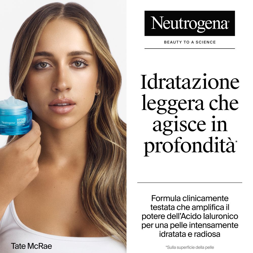 Donna che tiene un vasetto. Testo: Idratatione leggera che agisce in profondità. Logo Neutrogena.