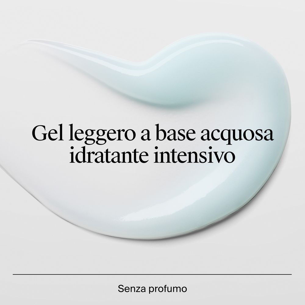 Texture gel. Testo: Gel leggero a base acquosa idratante intensivo. Senza profumo.