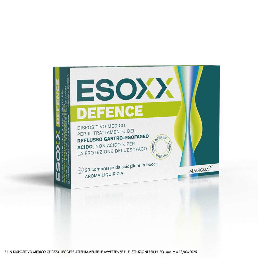 Scatola di Esoxx Defence. Design verde e bianco. Testo: Esoxx Defence, 20 compresse, Aroma Liquirizia.