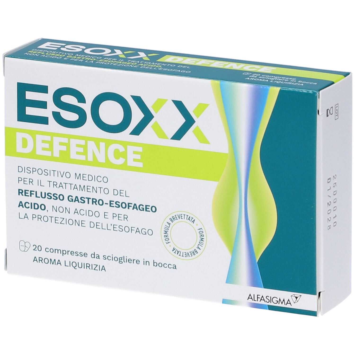 Scatola di Esoxx Defence. Design verde e bianco. Testo: Esoxx Defence, 20 compresse, Aroma Liquirizia.