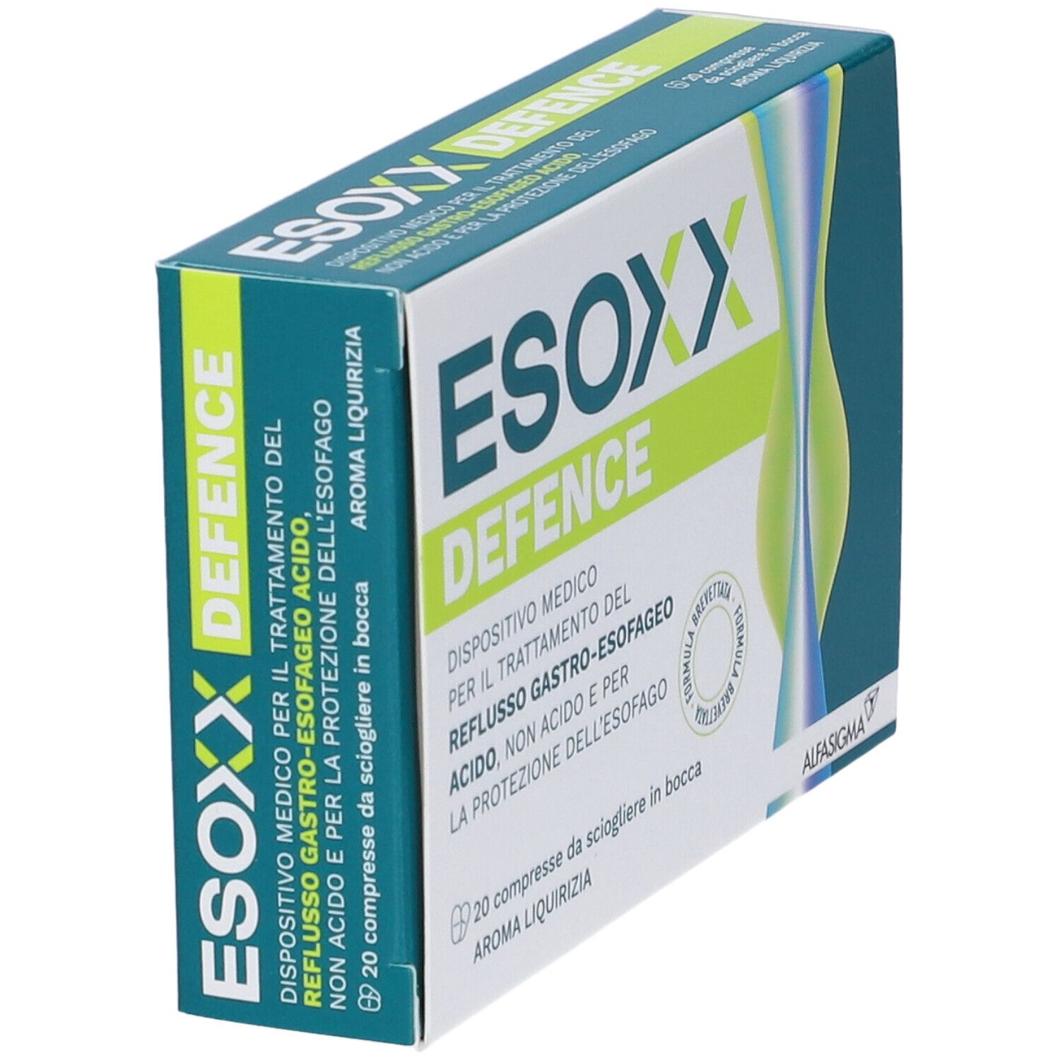Scatola di Esoxx Defence. Design verde e bianco. Testo: Esoxx Defence, 20 compresse, Aroma Liquirizia.