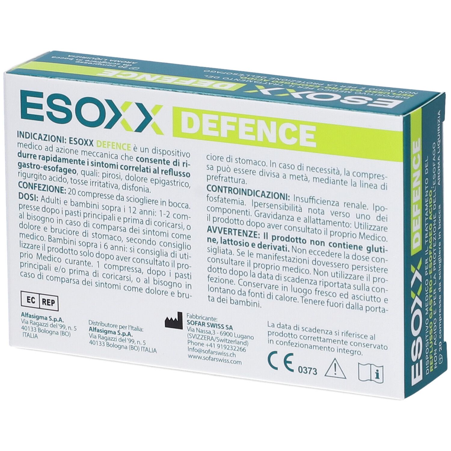 Retro della scatola di Esoxx Defence. Testo: Indicazioni, dosaggio, controindicazioni, avvertenze.