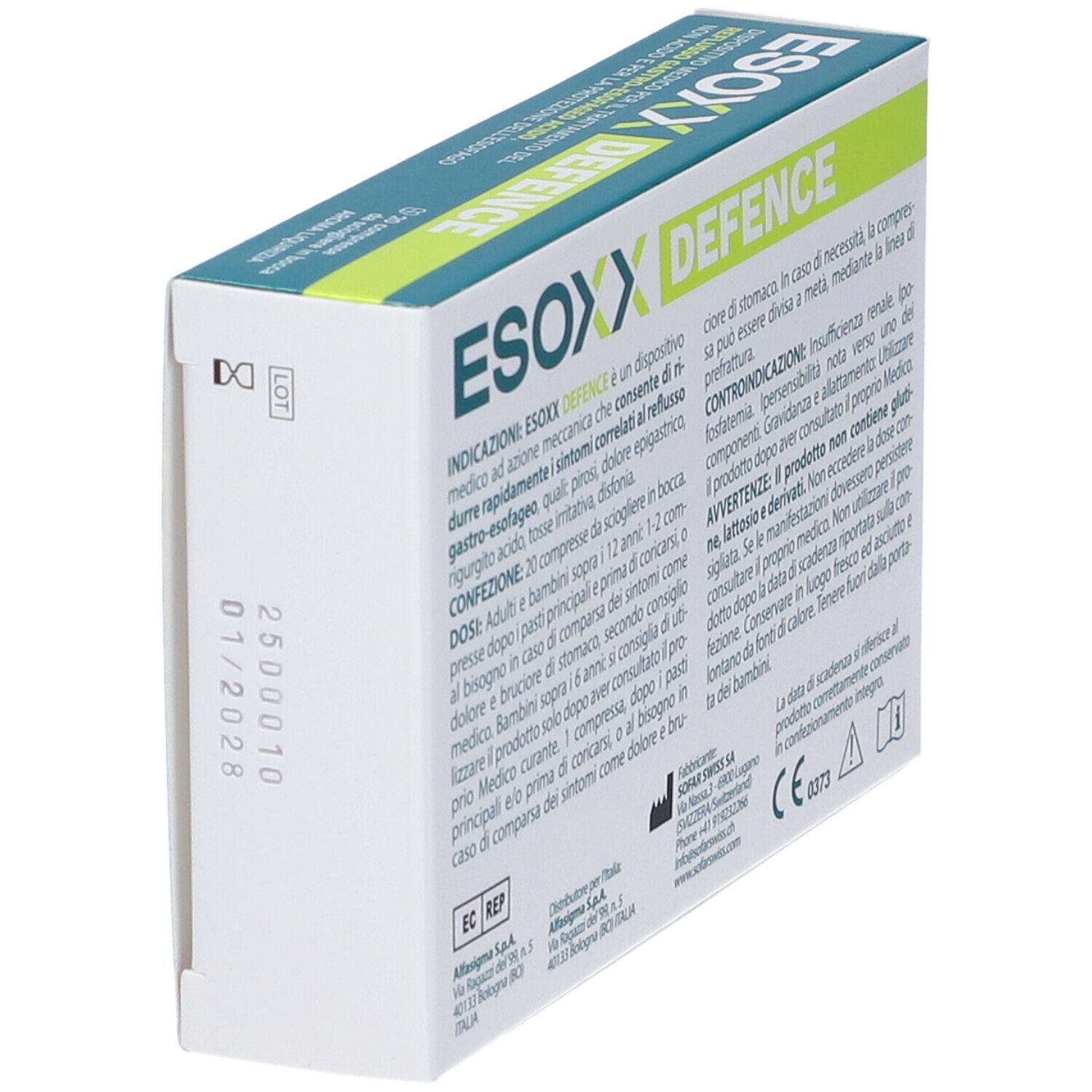 Lato della scatola di Esoxx Defence. Testo: Indicazioni, dosaggio, controindicazioni, avvertenze.