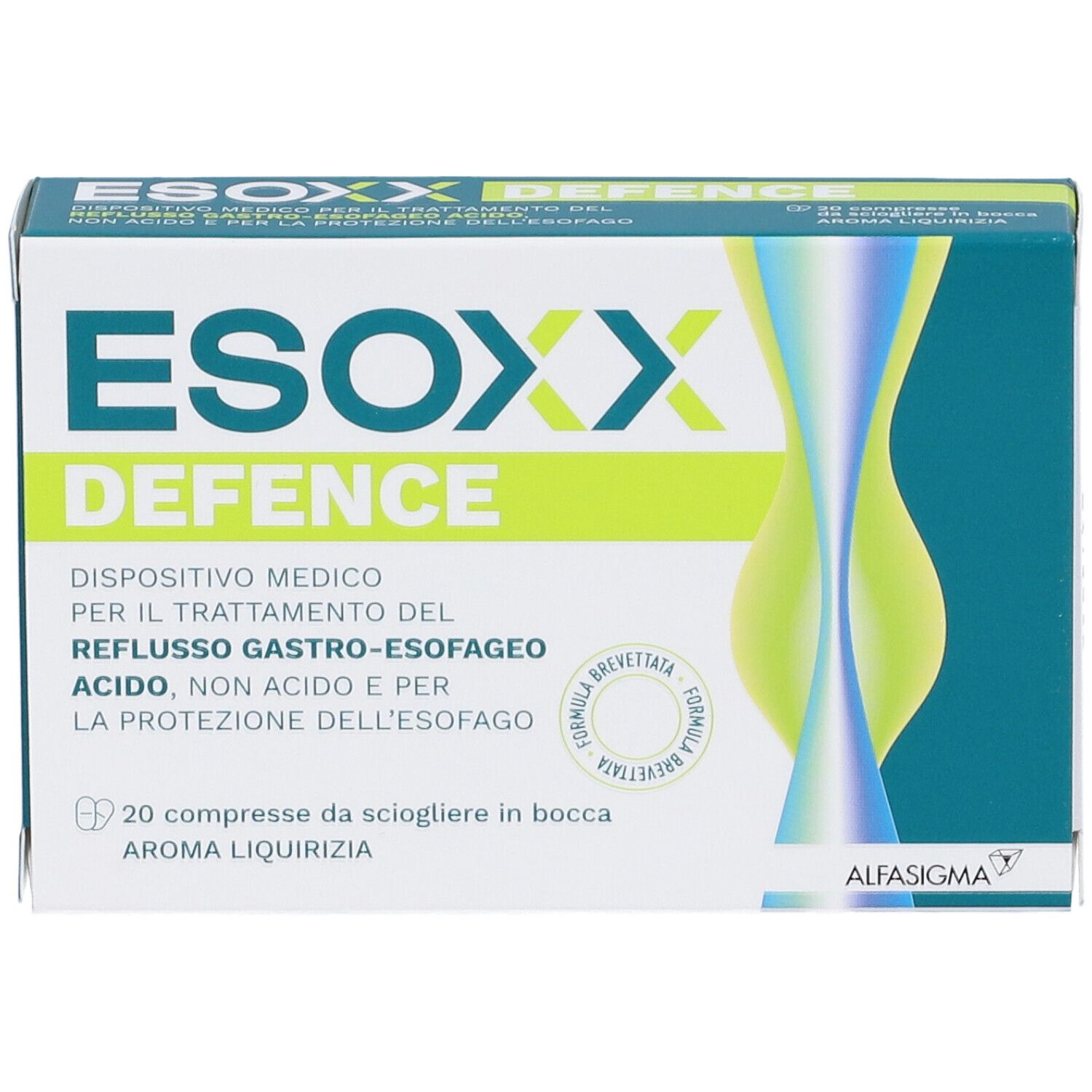 Scatola di Esoxx Defence. Design verde e bianco. Testo: Esoxx Defence, 20 compresse, Aroma Liquirizia.