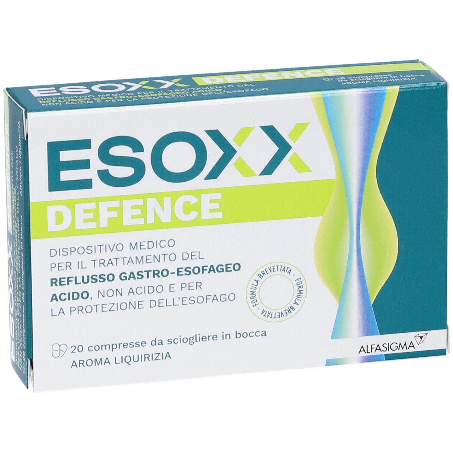 Scatola di Esoxx Defence. Design verde e bianco. Testo: Esoxx Defence, 20 compresse, Aroma Liquirizia.