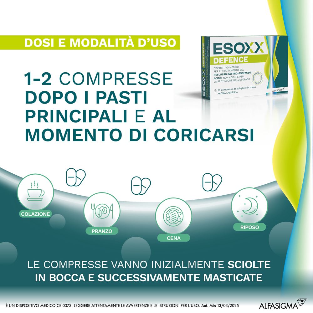 Istruzioni per l'uso di Esoxx Defence. Assunzione: 1-2 compresse dopo i pasti e prima di coricarsi.