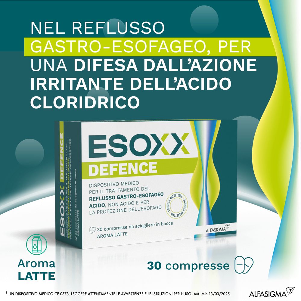 Pubblicità ESOXX DEFENCE. Testo: Per il reflusso, protezione dall'acido cloridrico. Confezione in primo piano.