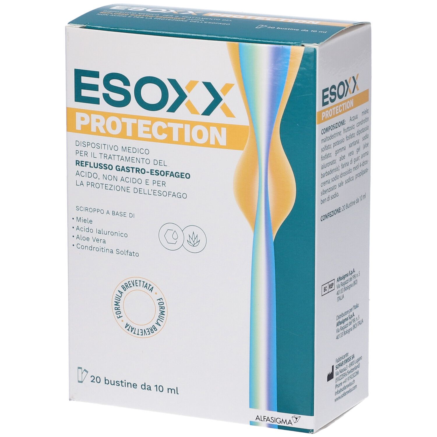 Confezione Esoxx Protection. Dispositivo medico per il reflusso. Contiene 20 bustine.
