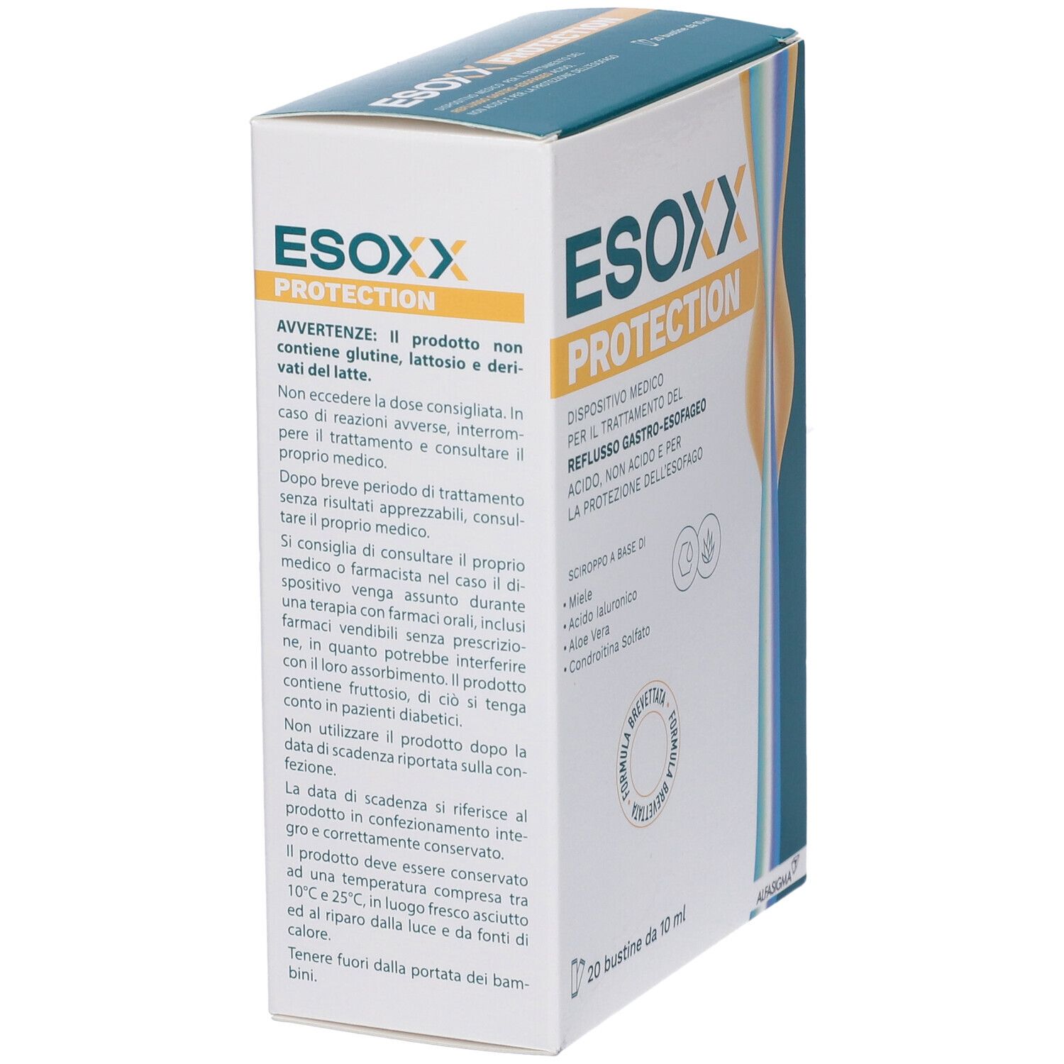 Confezione Esoxx Protection. Dispositivo medico per il reflusso. Contiene 20 bustine.