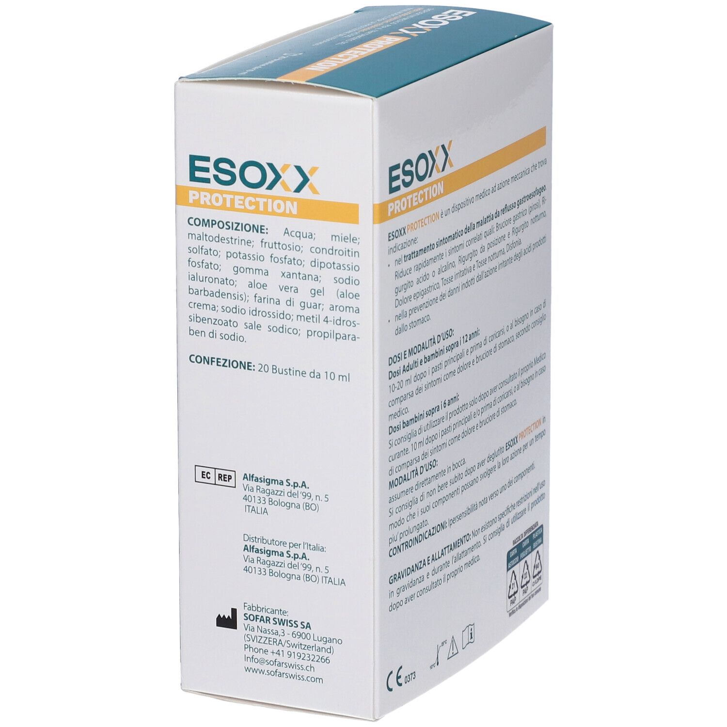 Confezione Esoxx Protection. Dispositivo medico per il reflusso. Contiene 20 bustine.