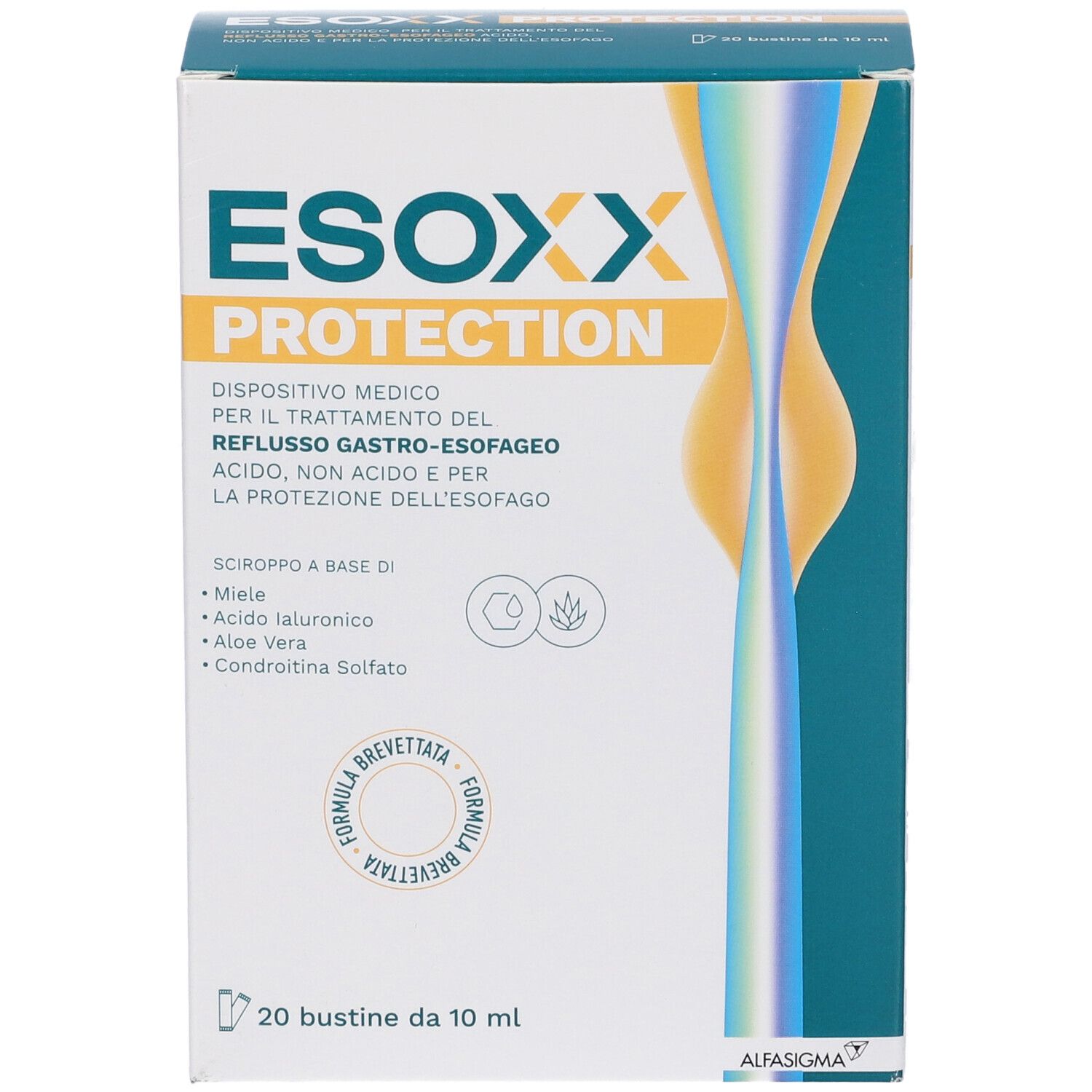 Confezione Esoxx Protection. Dispositivo medico per il reflusso. Contiene 20 bustine.