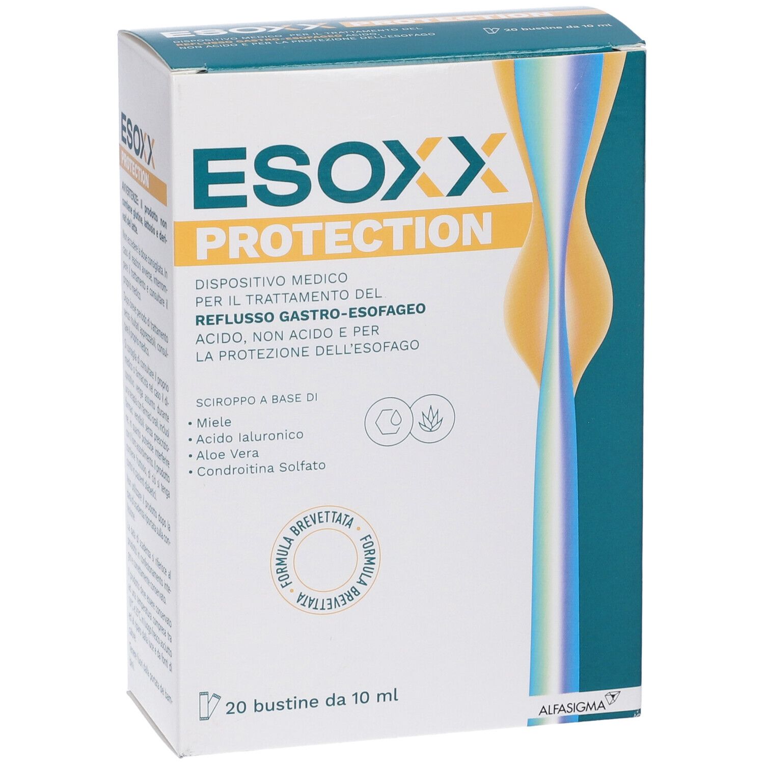 Confezione Esoxx Protection. Dispositivo medico per il reflusso. Contiene 20 bustine.