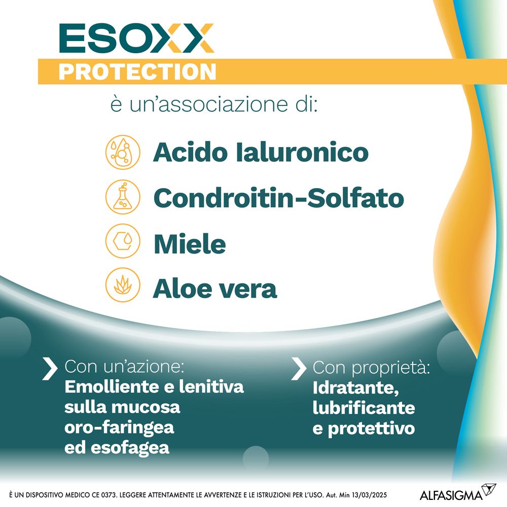 Esoxx Protection: acido ialuronico, condroitin solfato, miele, aloe vera. Azione lenitiva e protettiva.