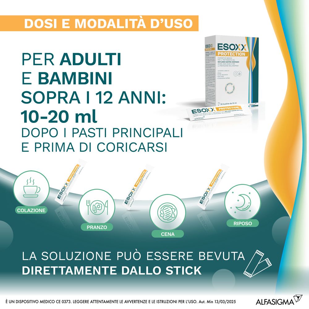 Esoxx Protection. Dosaggio per adulti e bambini sopra i 12 anni. Dopo i pasti e prima di coricarsi.