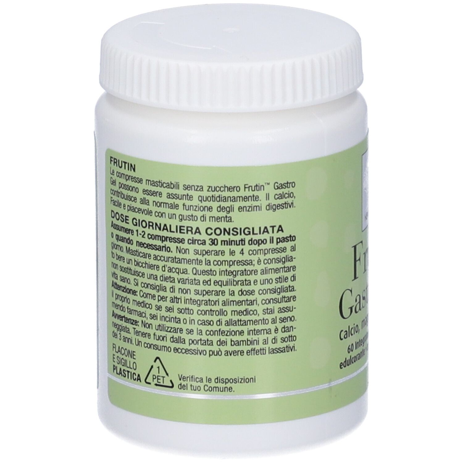 Retro del flacone bianco. Etichetta verde e bianca con testo e informazioni. Tappo a vite.