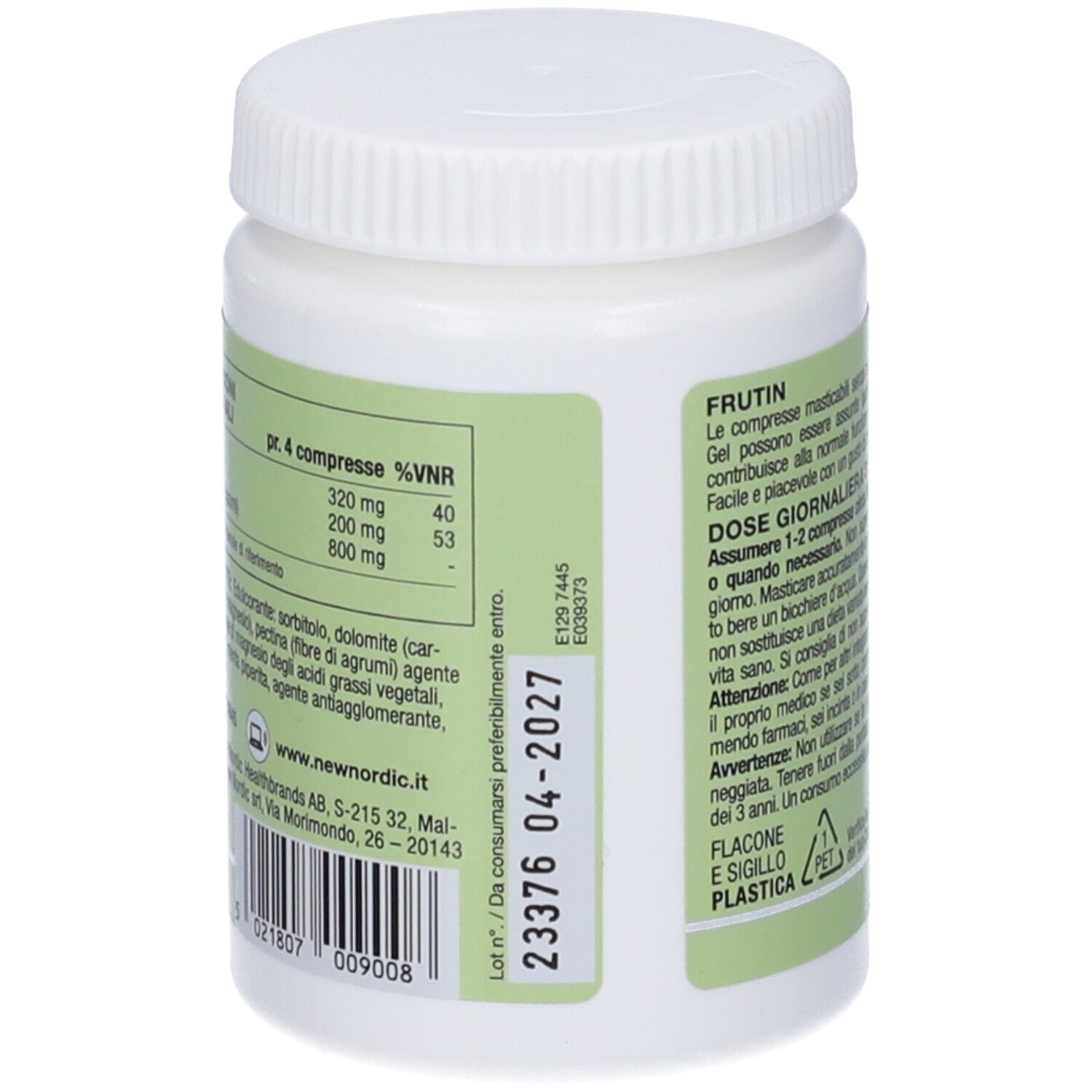 Retro del flacone bianco. Etichetta verde e bianca con testo e informazioni. Tappo a vite.