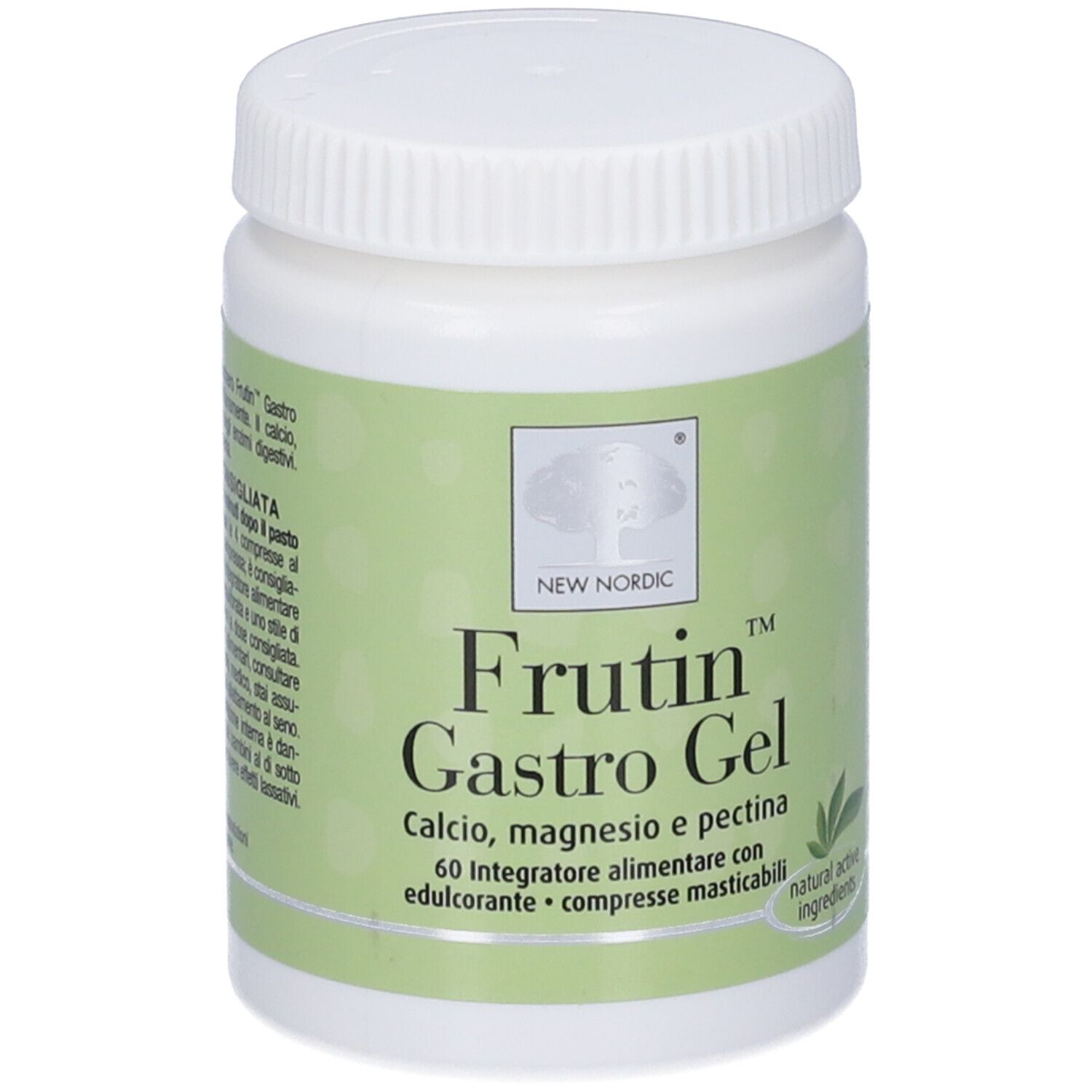 Flacone bianco con tappo a vite. Etichetta verde e bianca con testo: Frutin Gastro Gel, 60 Compresse Masticabili.