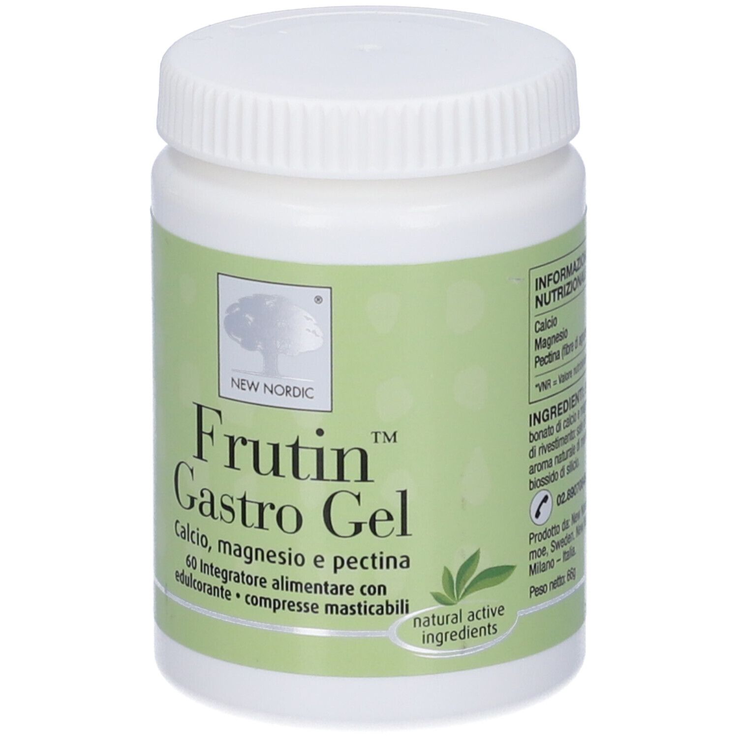 Flacone bianco con tappo a vite. Etichetta verde e bianca con testo: Frutin Gastro Gel, 60 Compresse Masticabili.