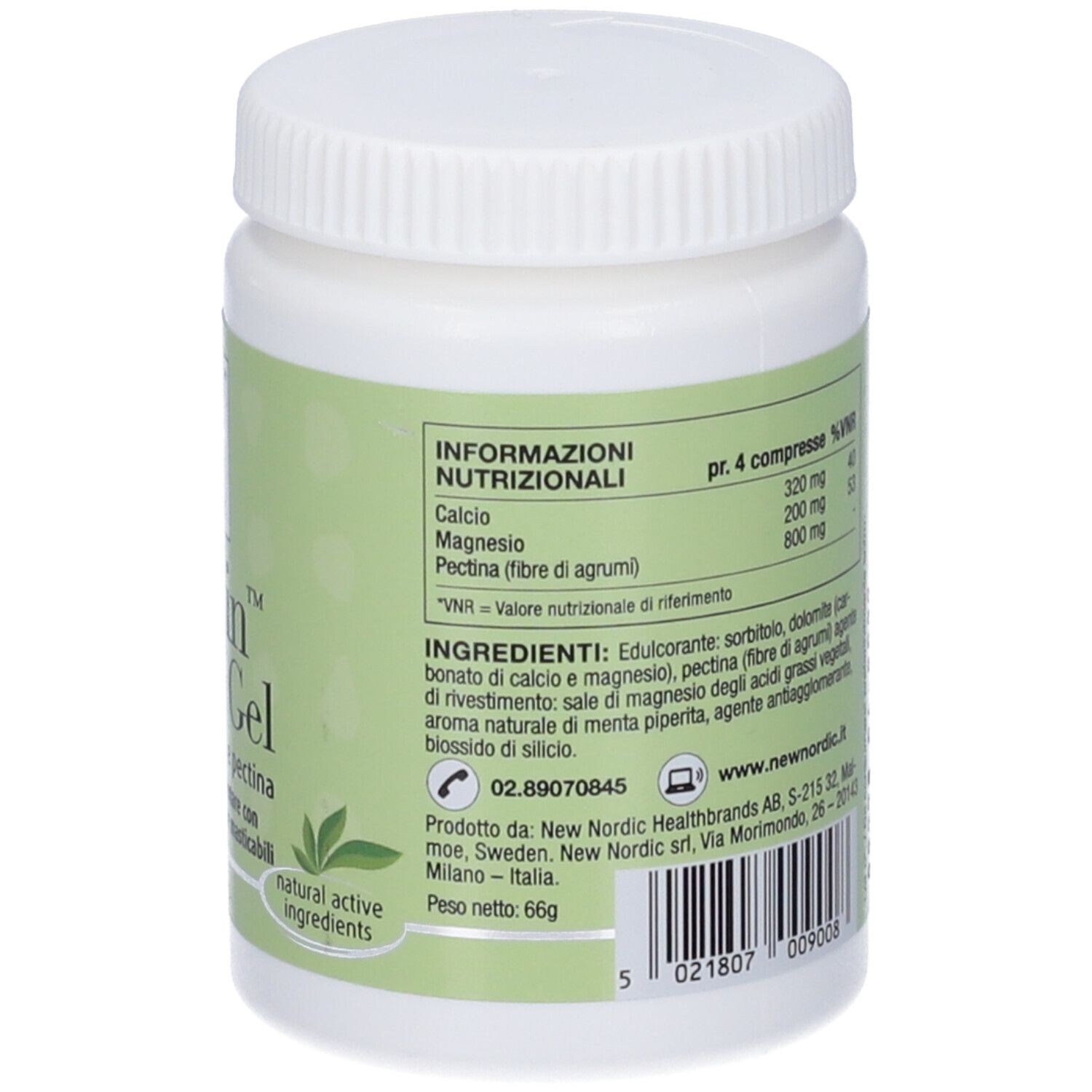 Retro del flacone bianco. Etichetta verde e bianca con testo e informazioni. Tappo a vite.