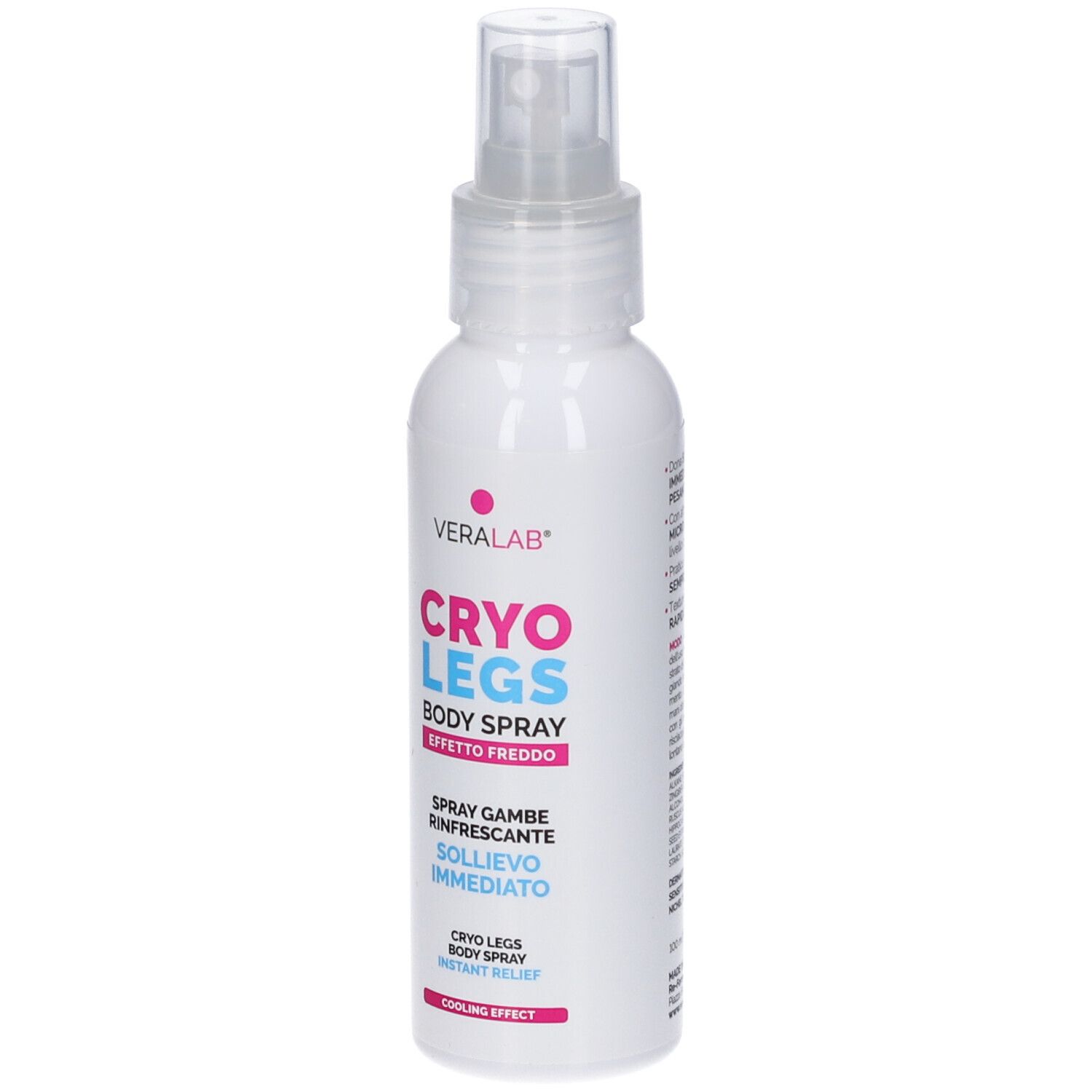 Flacone spray bianco. Scritta: CRYO LEGS BODY SPRAY. Testo italiano: Spray gambe rinfrescante. Effetto freddo.
