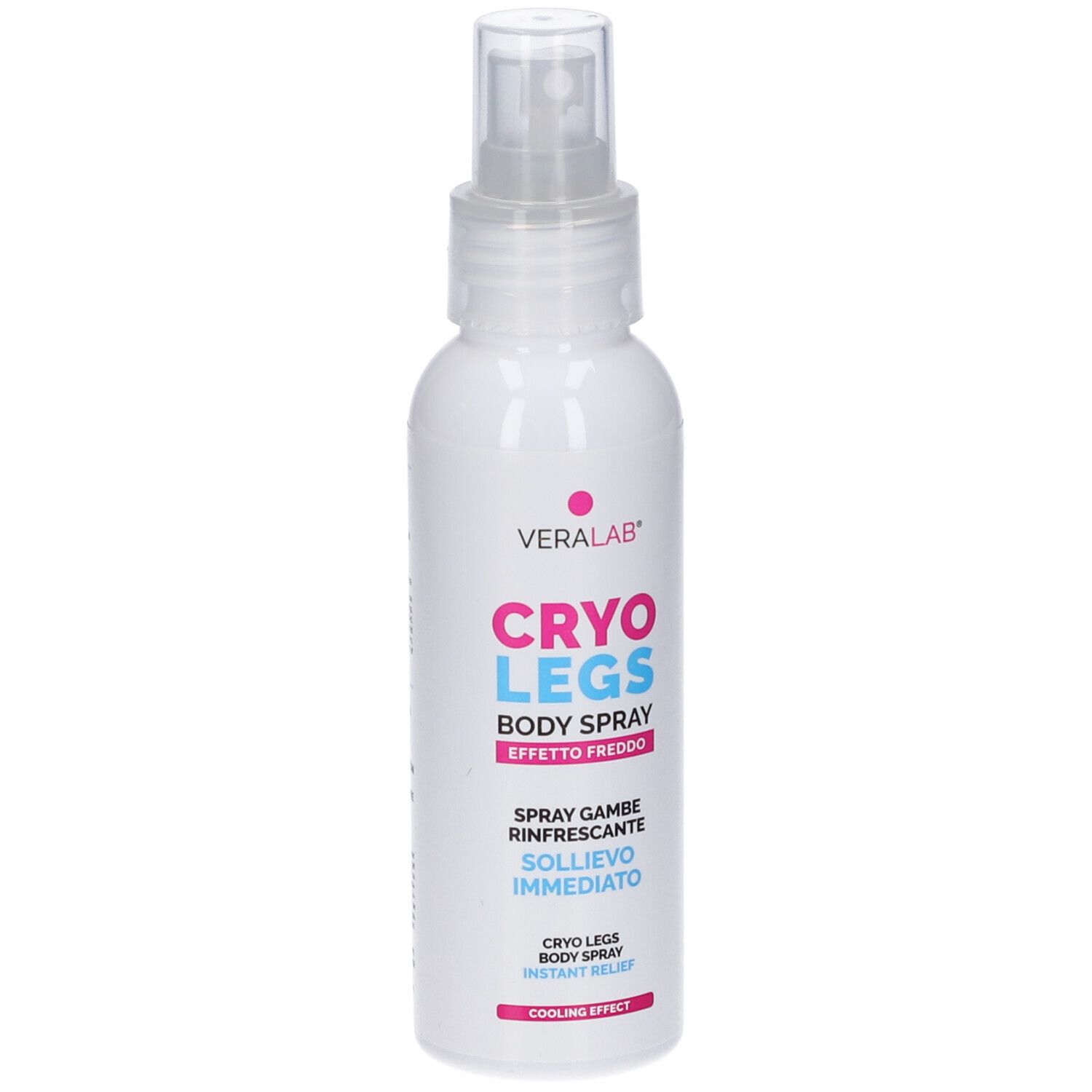 Flacone spray bianco. Scritta: CRYO LEGS BODY SPRAY. Testo italiano: Spray gambe rinfrescante. Effetto freddo.