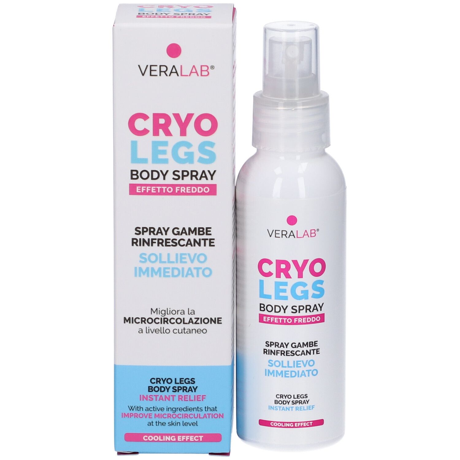 Confezione e flacone spray. Scritta: CRYO LEGS BODY SPRAY. Testo italiano: Spray gambe rinfrescante. Effetto freddo.