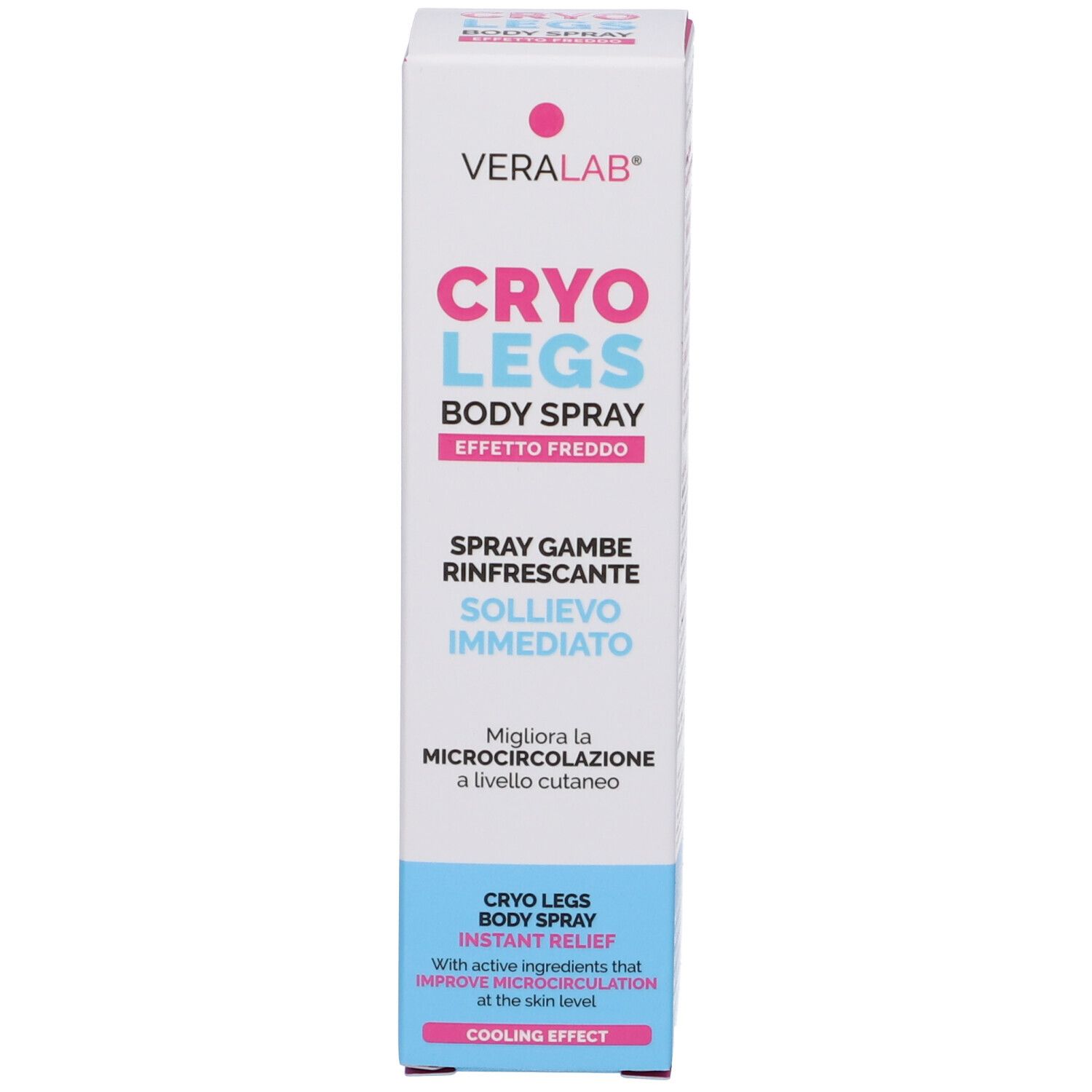 Confezione del prodotto. Scritta: CRYO LEGS BODY SPRAY. Testo italiano: Spray gambe rinfrescante. Effetto freddo.