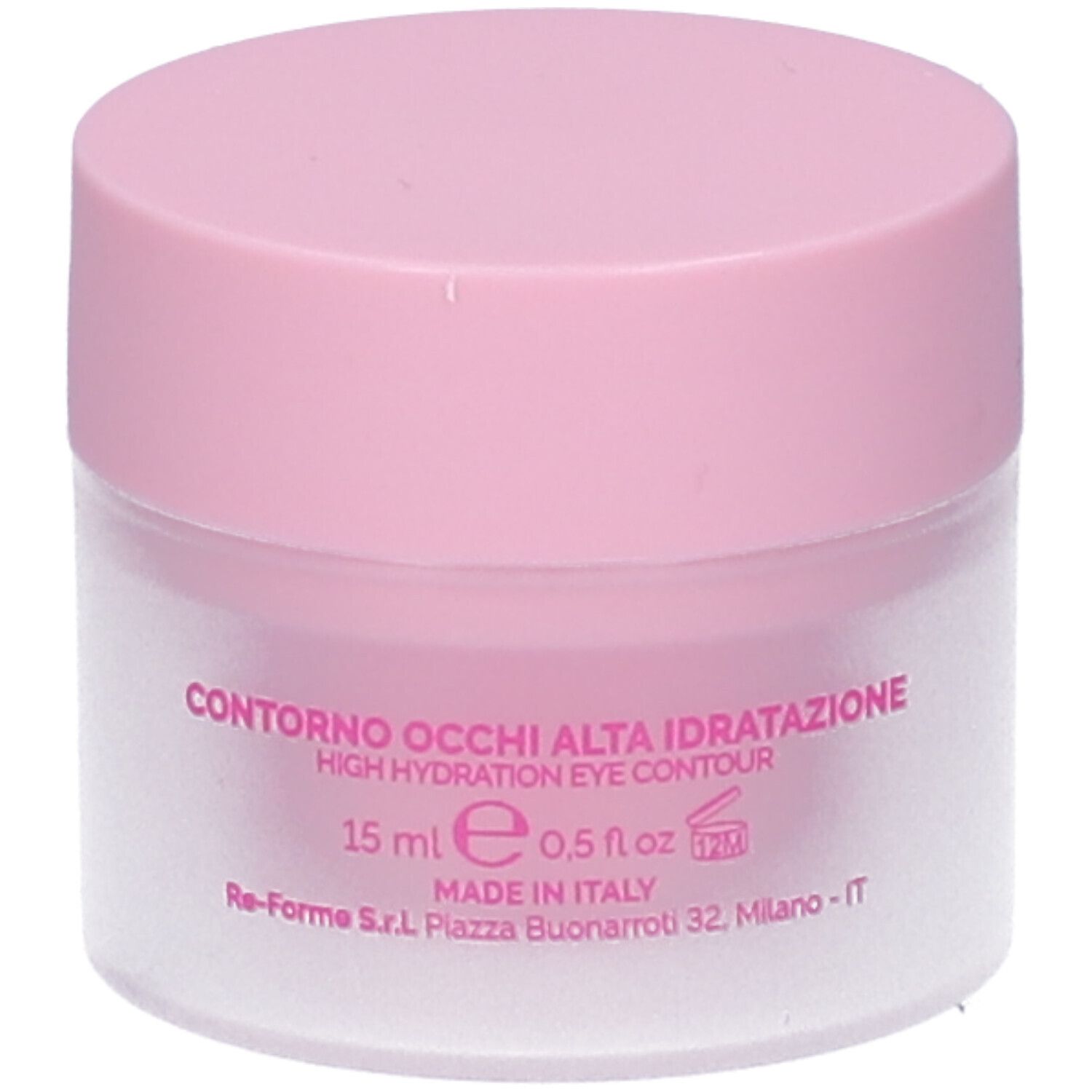 Vaso rosa con coperchio rosa. Scritta: Contorno Occhi Alta Idratatione.