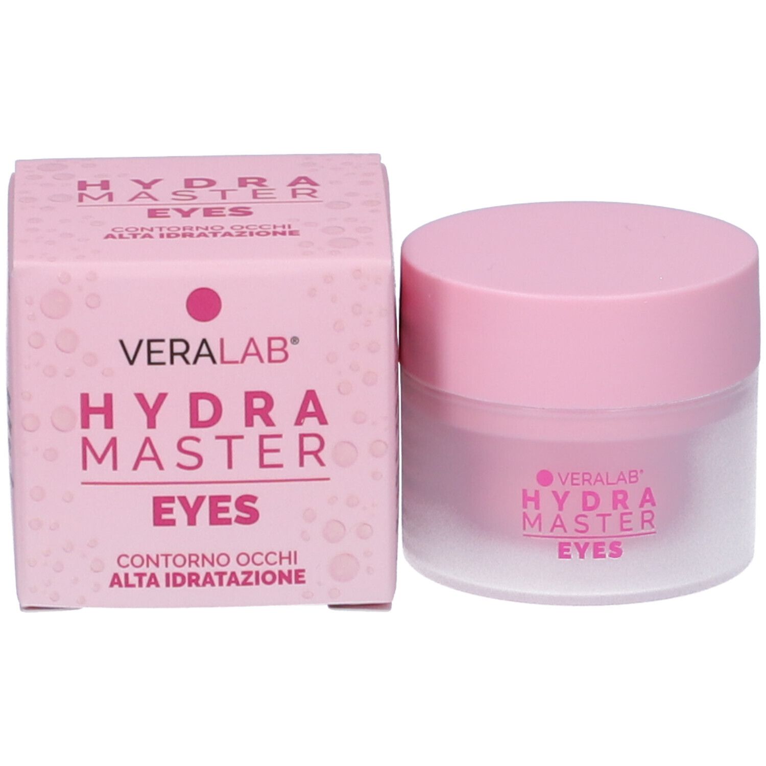Scatola e vaso rosa. Scritta: Veralab Hydra Master Eyes, Contorno Occhi Alta Idratatione.