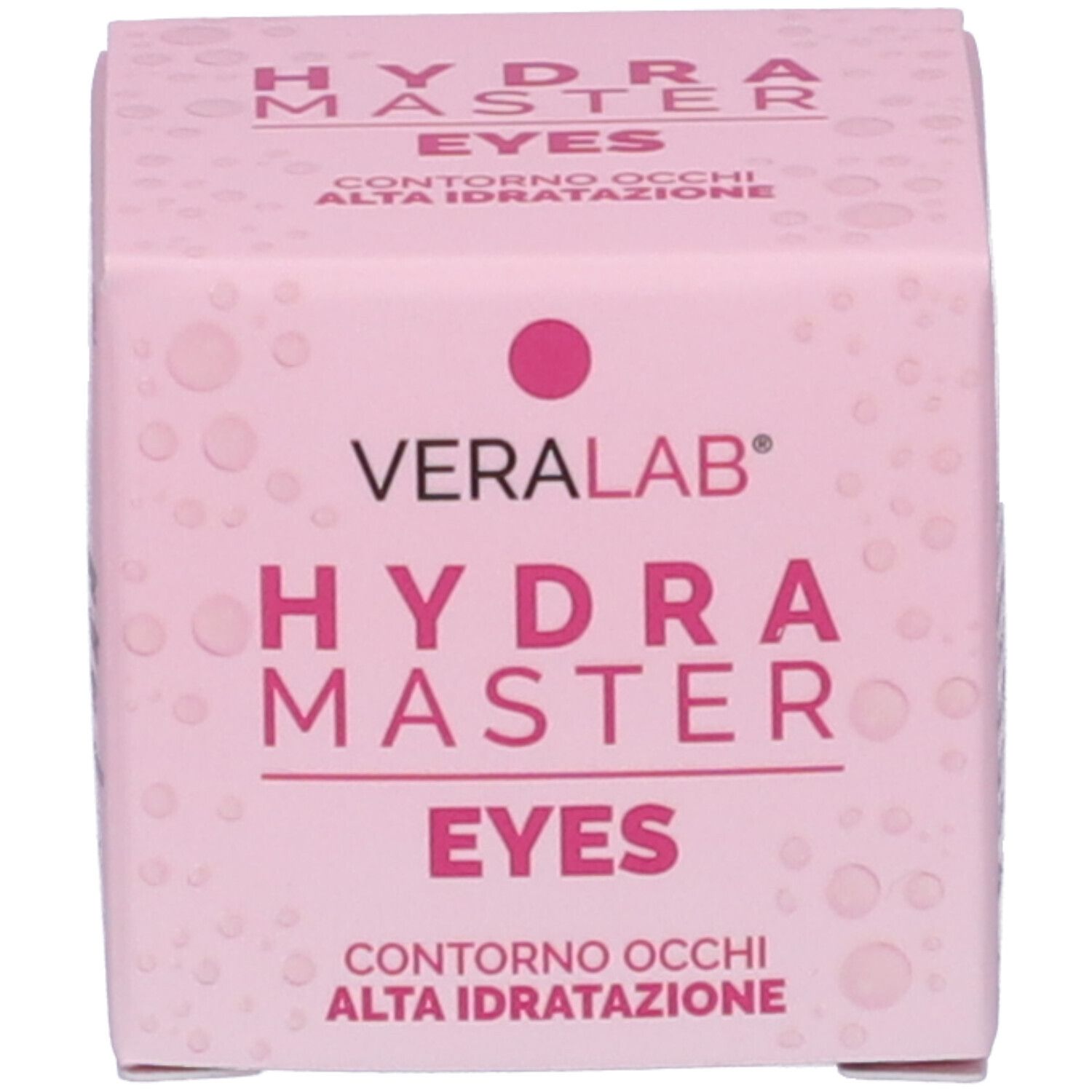 Scatola rosa. Scritta: Veralab Hydra Master Eyes, Contorno Occhi Alta Idratatione.