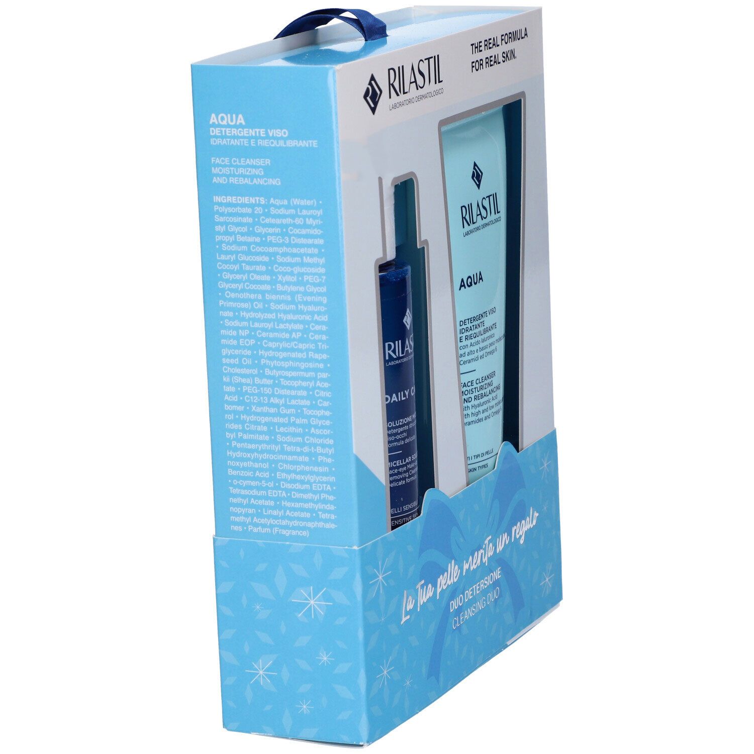 Scatola con due prodotti Rilastin. Sul lato sono indicati ingredienti e nomi dei prodotti. Scritte: Aqua, Daily Care.