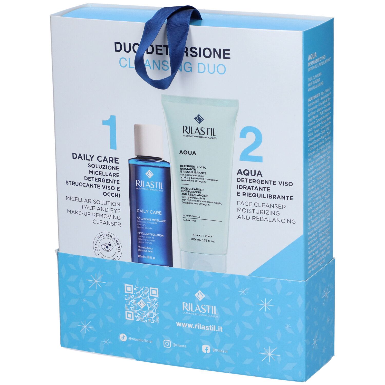 Confezione regalo Rilastin con due prodotti. Flacone blu e tubo in una scatola azzurra. Scritte: Daily Care, Aqua.