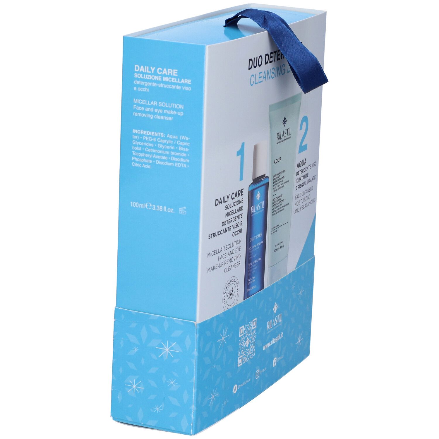 Scatola con due prodotti Rilastin. Sul lato sono indicati ingredienti e nomi dei prodotti. Scritte: Aqua, Daily Care.