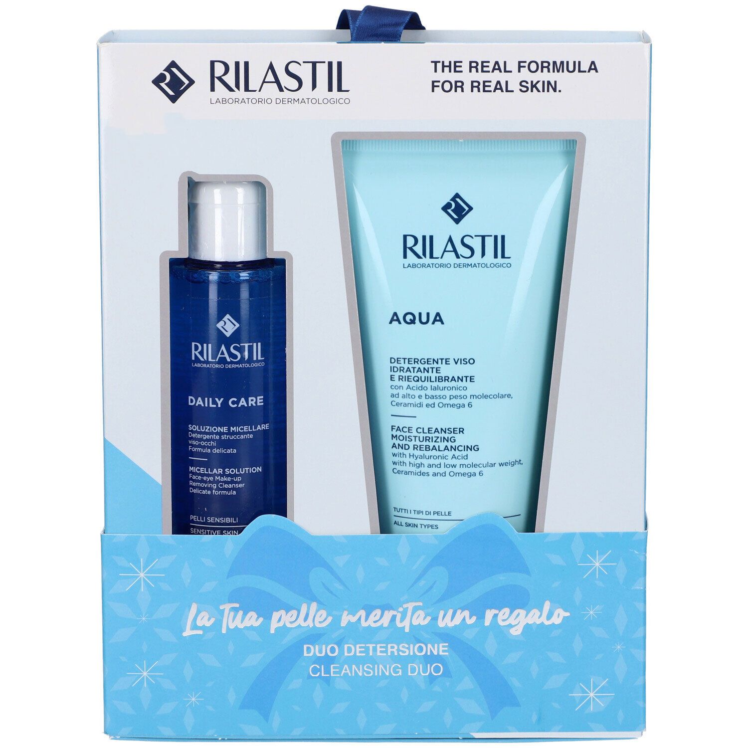 Confezione regalo Rilastin con due prodotti. Flacone blu e tubo in una scatola azzurra. Scritte: Daily Care, Aqua.