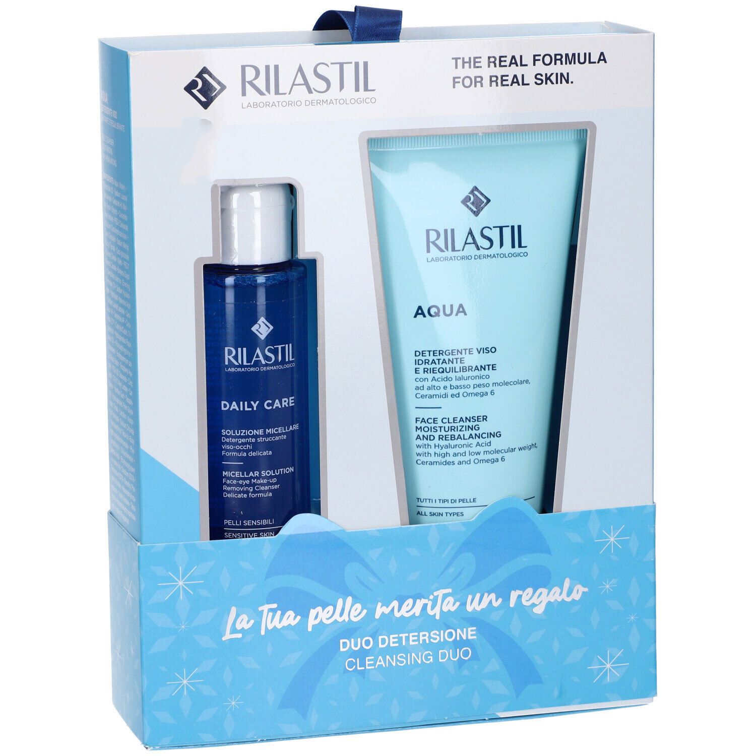 Confezione regalo Rilastin con due prodotti. Flacone blu e tubo in una scatola azzurra. Scritte: Daily Care, Aqua.