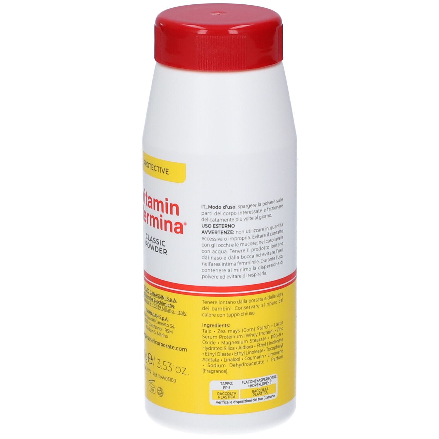 Vidermina Vitamin Dermina Polvere Classica: Retro del contenitore con etichetta, ingredienti e numero di lotto.