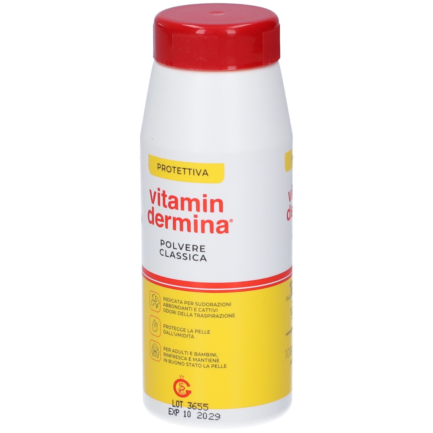 Vidermina Vitamin Dermina Polvere Classica: Fronte del contenitore con tappo rosso ed etichetta gialla.